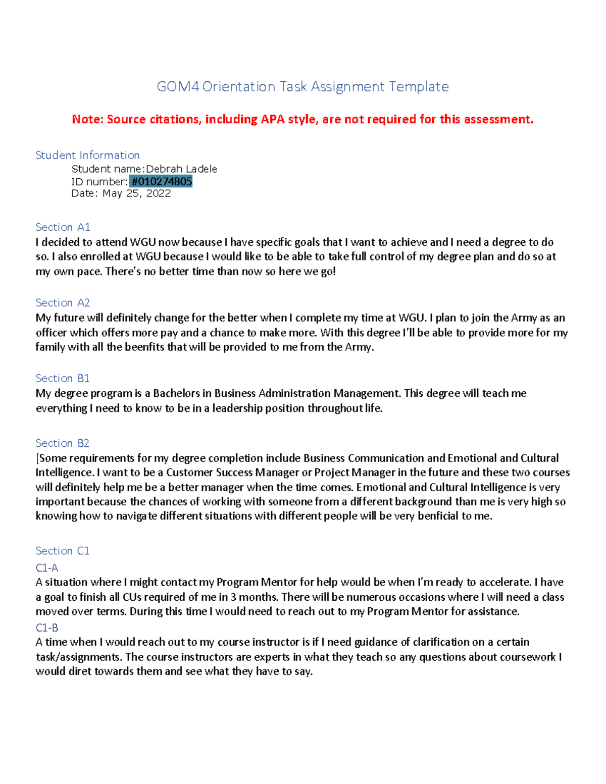 orientation worksheet assignment box