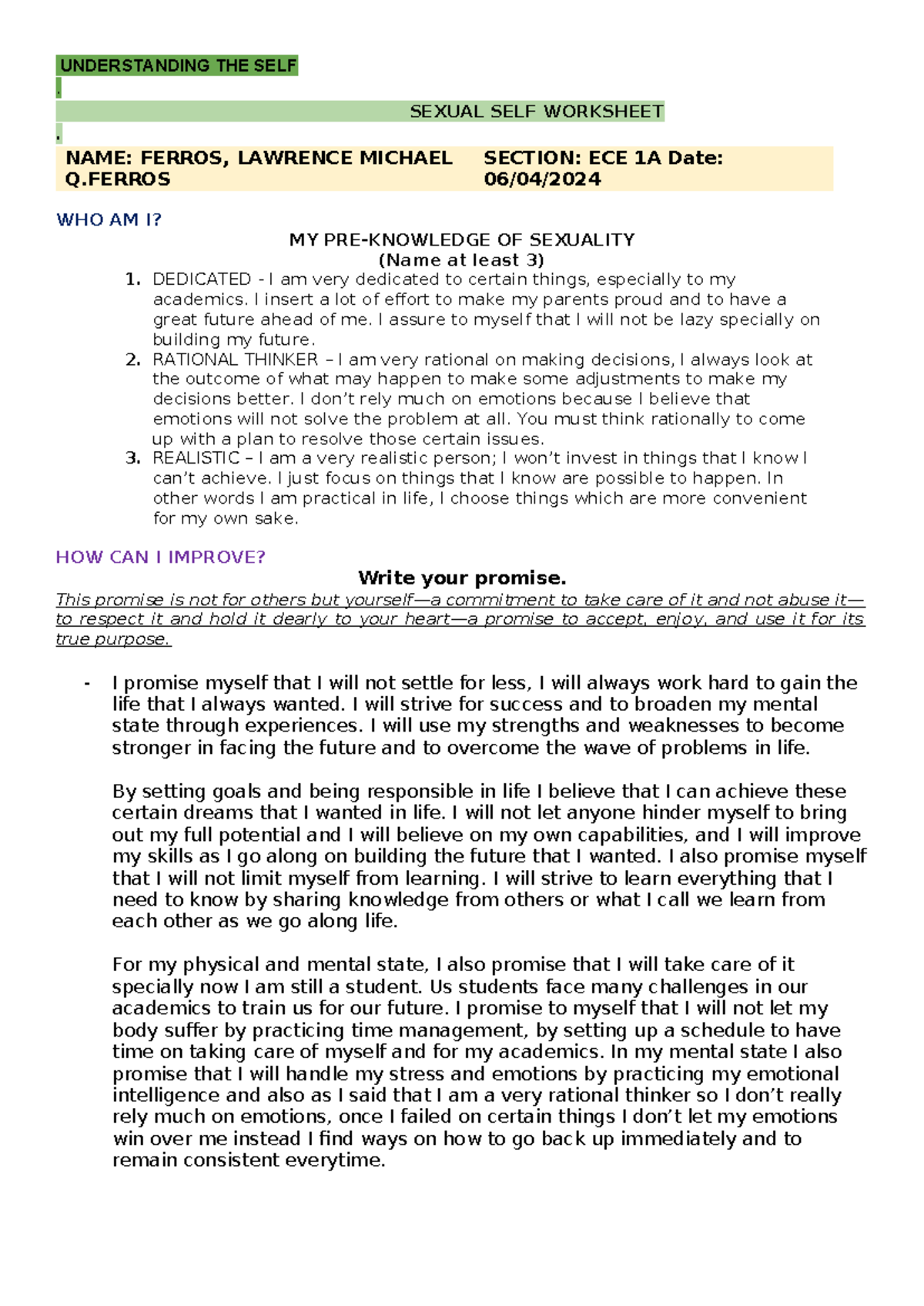 Worksheet Sexual Self 2023 Understanding The Self Sexual Self Worksheet Name Ferros 5999