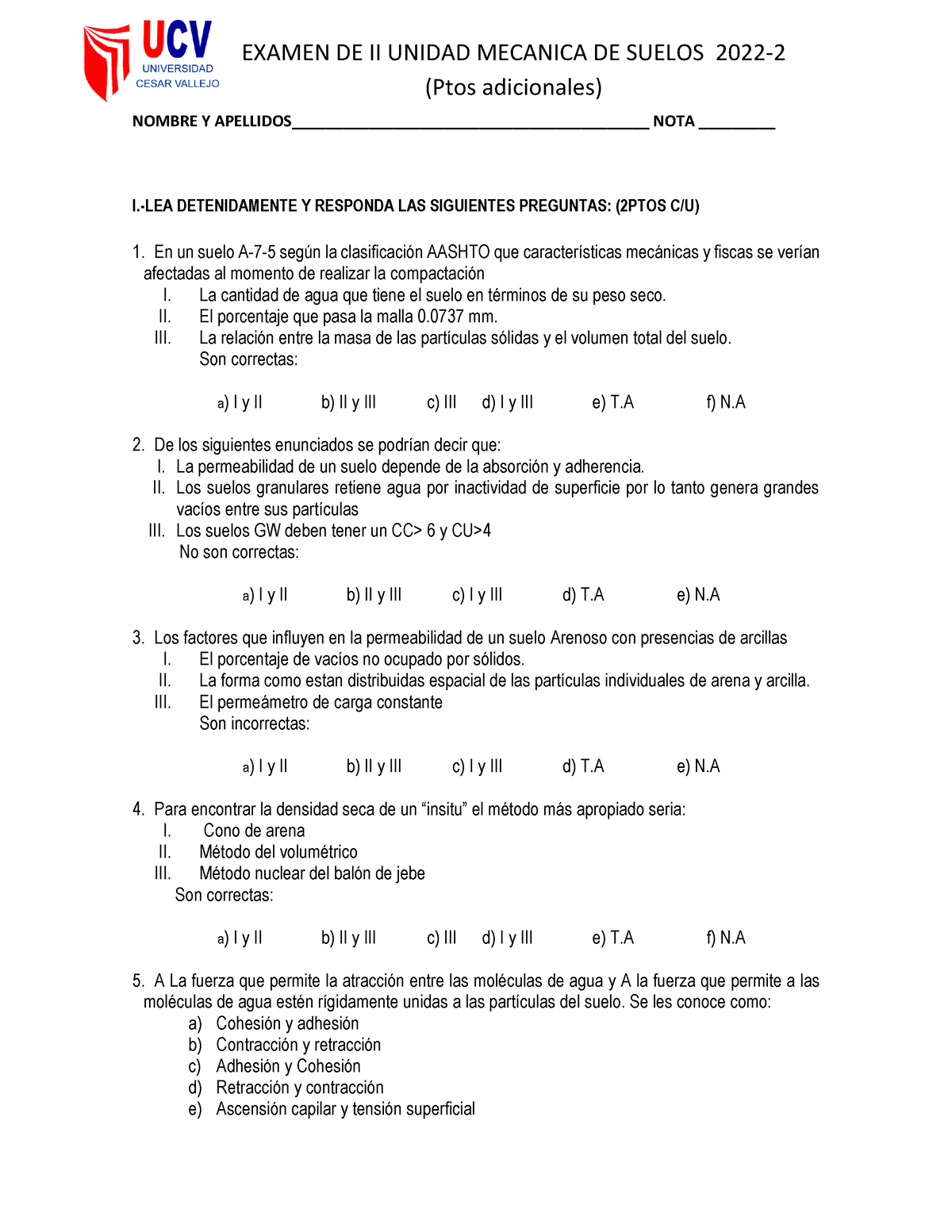 Examen IIU De Demecanica De Suelos 2022-2-UCV - NOMBRE Y - Studocu