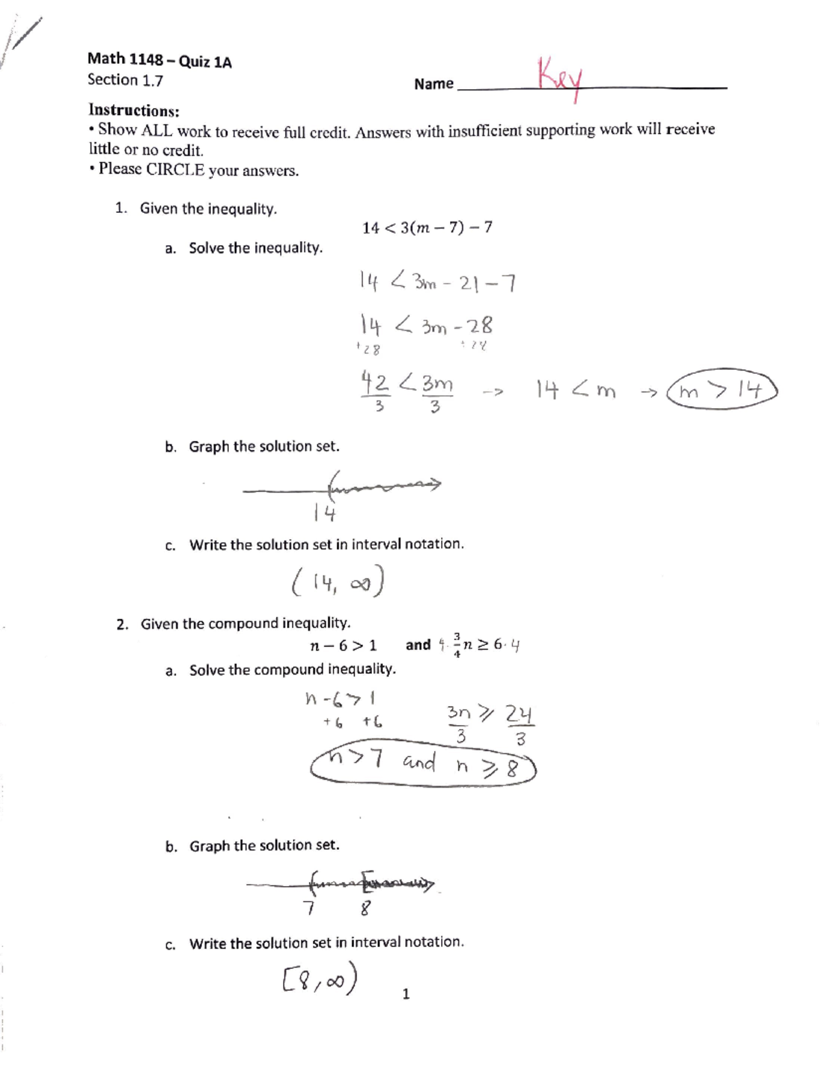 Math Quiz 1A Solutions - Math-1148 - Studocu