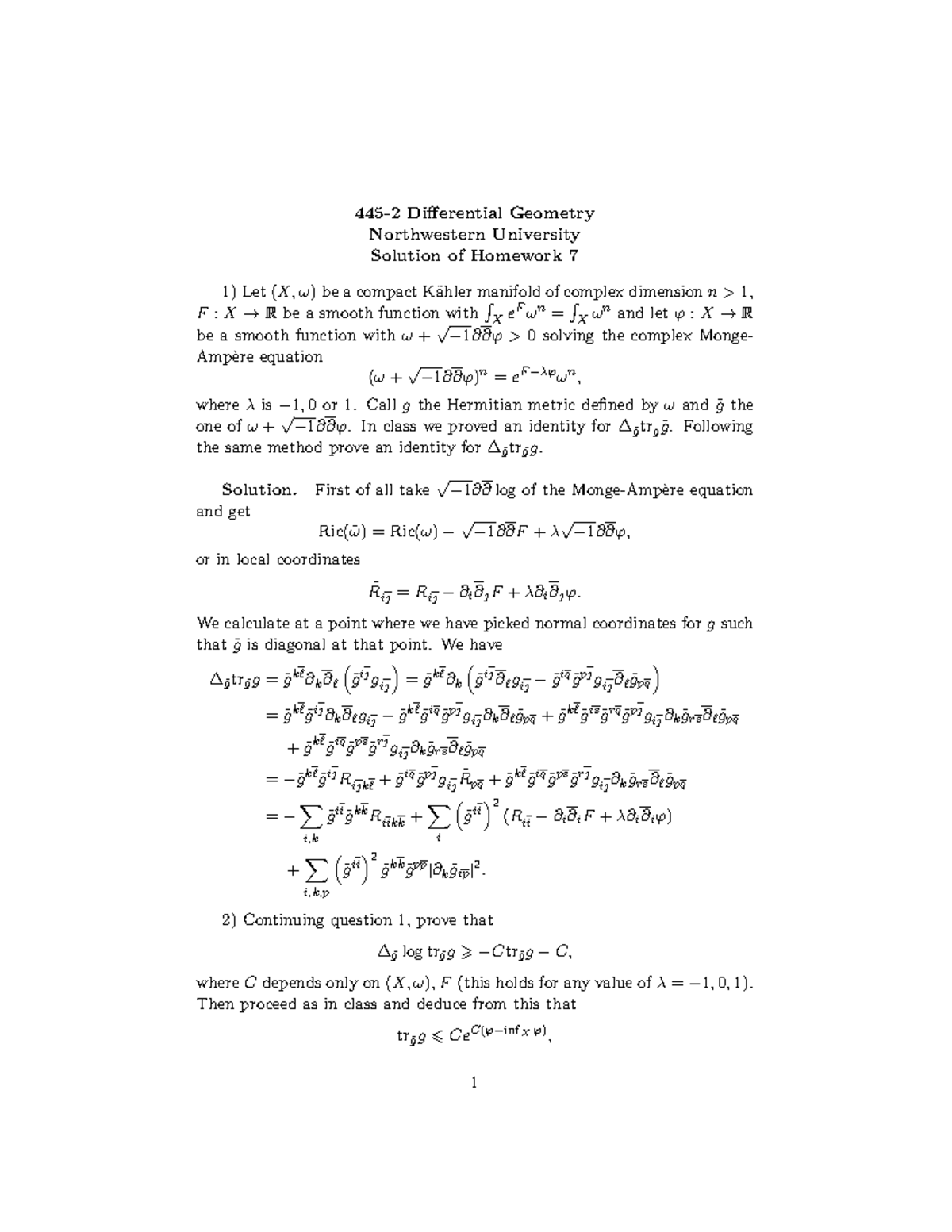 445-2 Differential Geometry Homework 7 solutions - 445-2 Differential ...