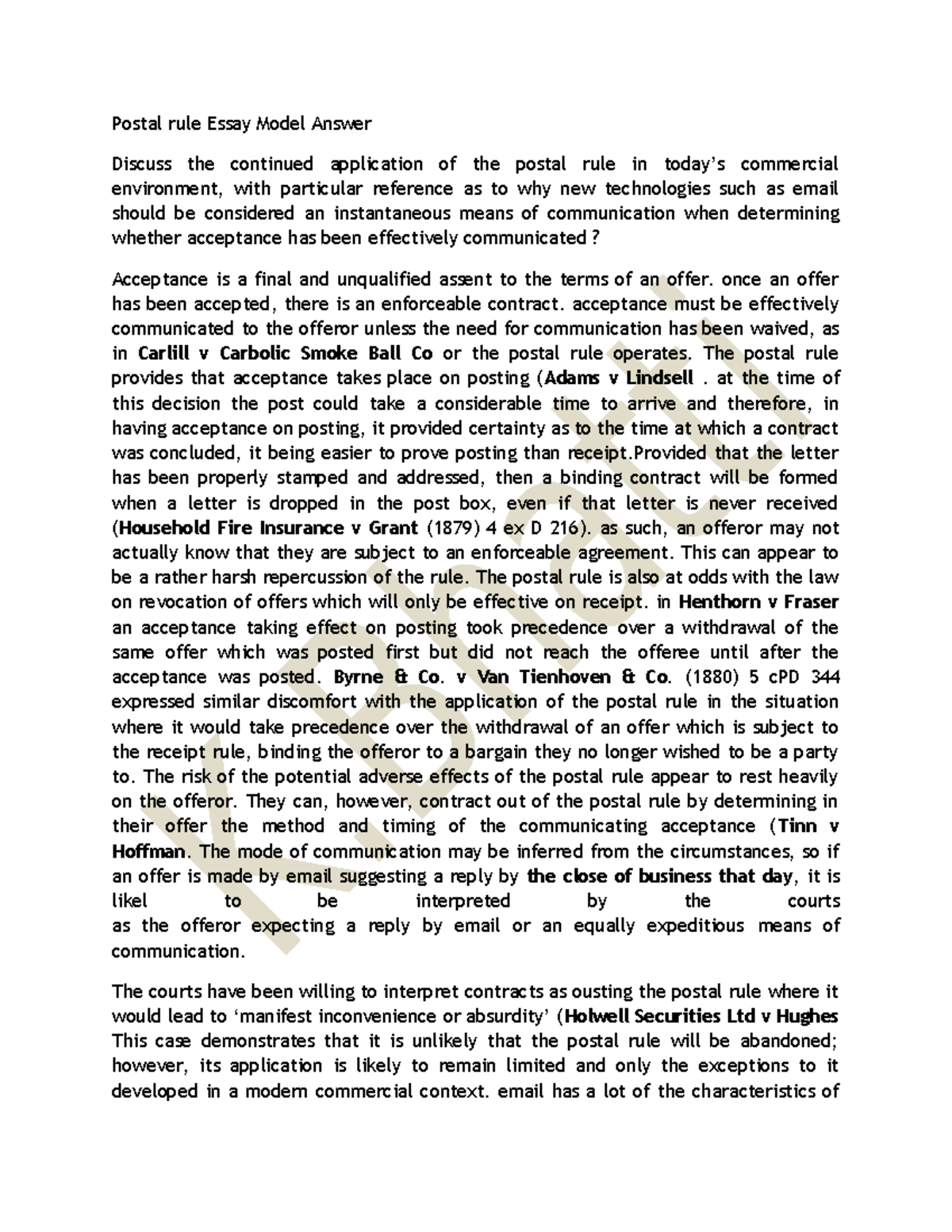 Postal rule Essay Model Answer Postal rule Essay Model Answer Discuss the continued