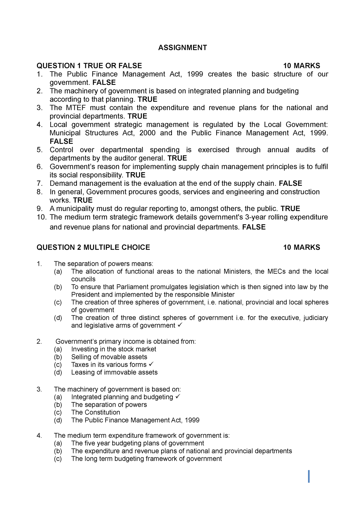 Ogmlmb 1 Assignment Memo 2017 - ASSIGNMENT QUESTION 1 TRUE OR FALSE 10 ...