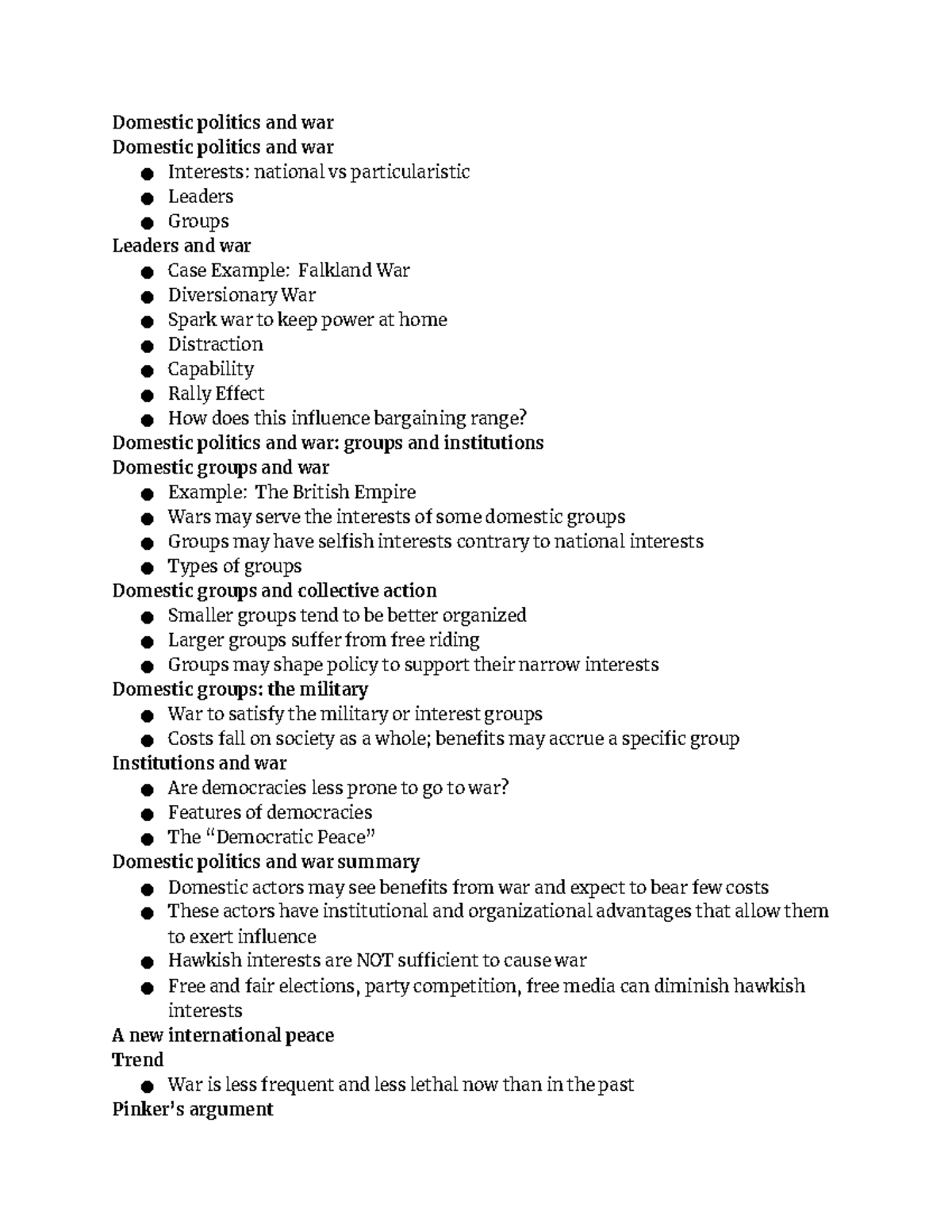 Week 7 lecture Willow K Domestic politics and war Domestic politics and war Interests Studocu