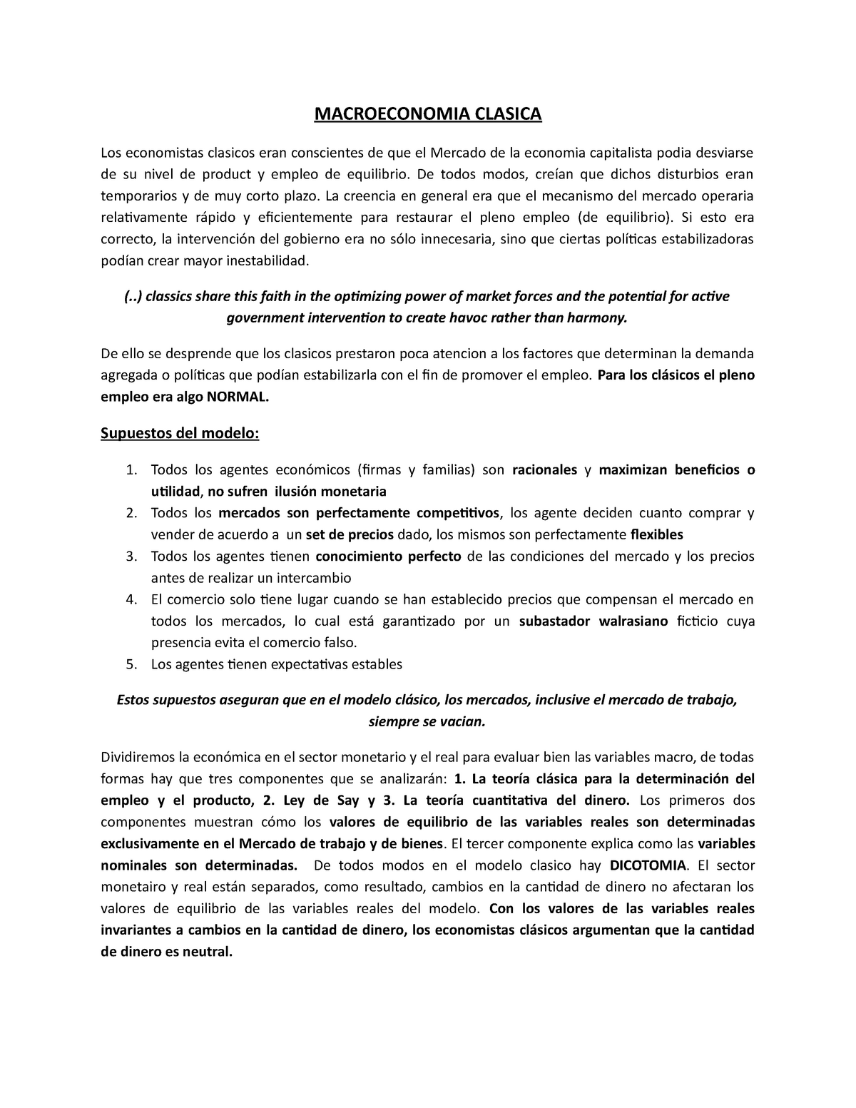 Resumen Modelo Clasico - MACROECONOMIA CLASICA Los economistas clasicos  eran conscientes de que el - Studocu