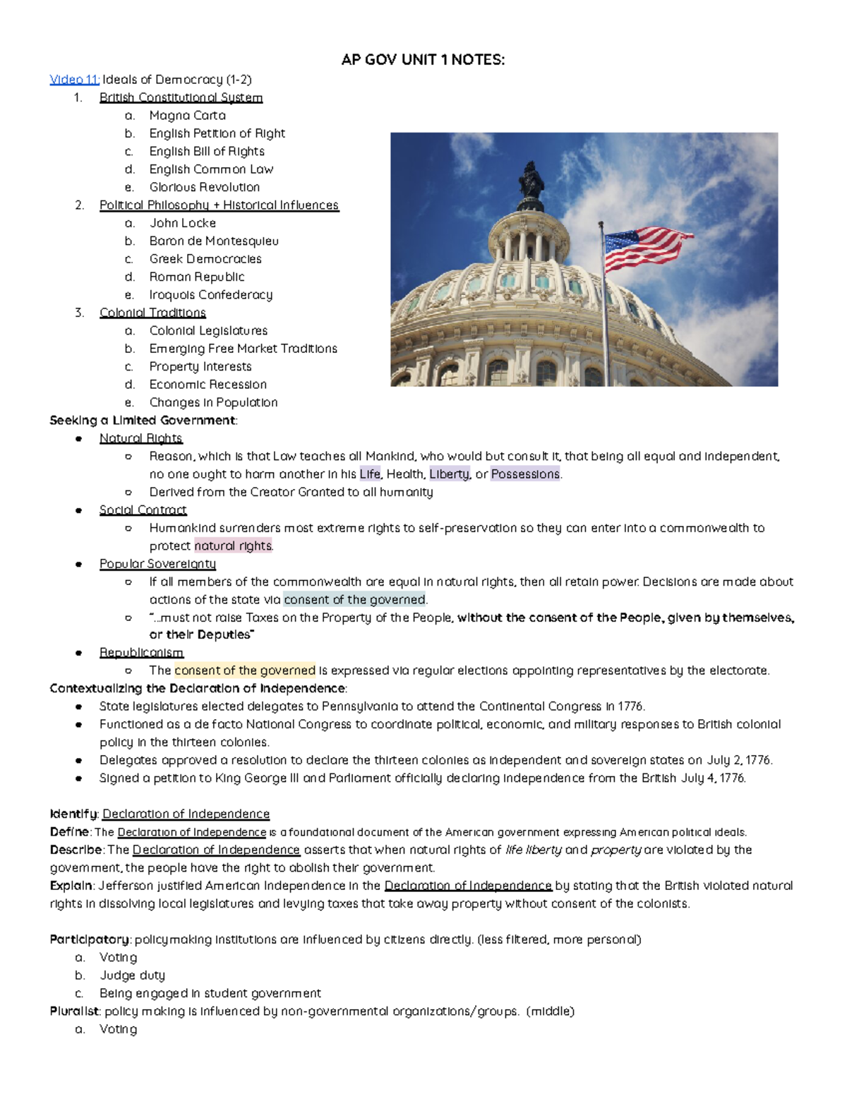 GOV UNIT 1 SELF Study - Ap Gov Self Studied Notes On Unit 1 - AP GOV ...