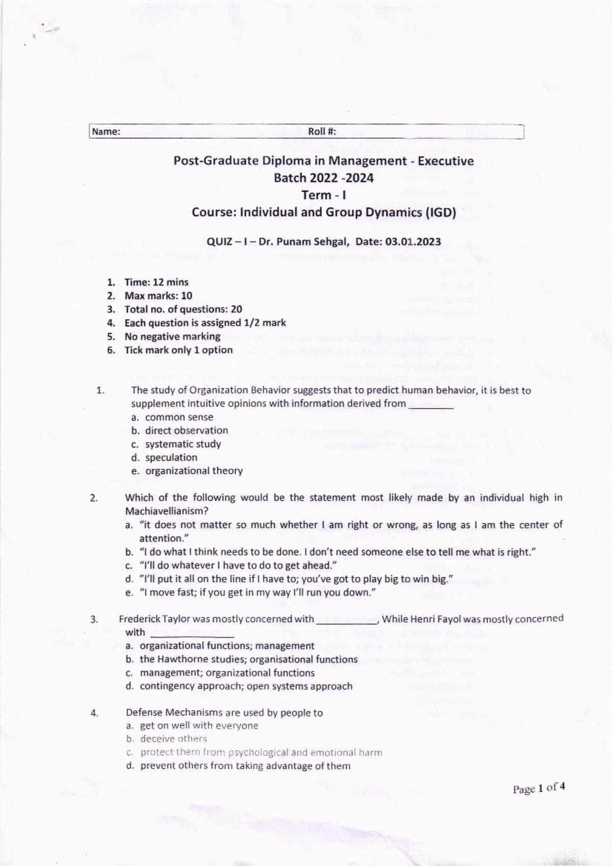 Term1 Question Paper - Name: Roll#: ####### Post-Graduate Diploma in ...