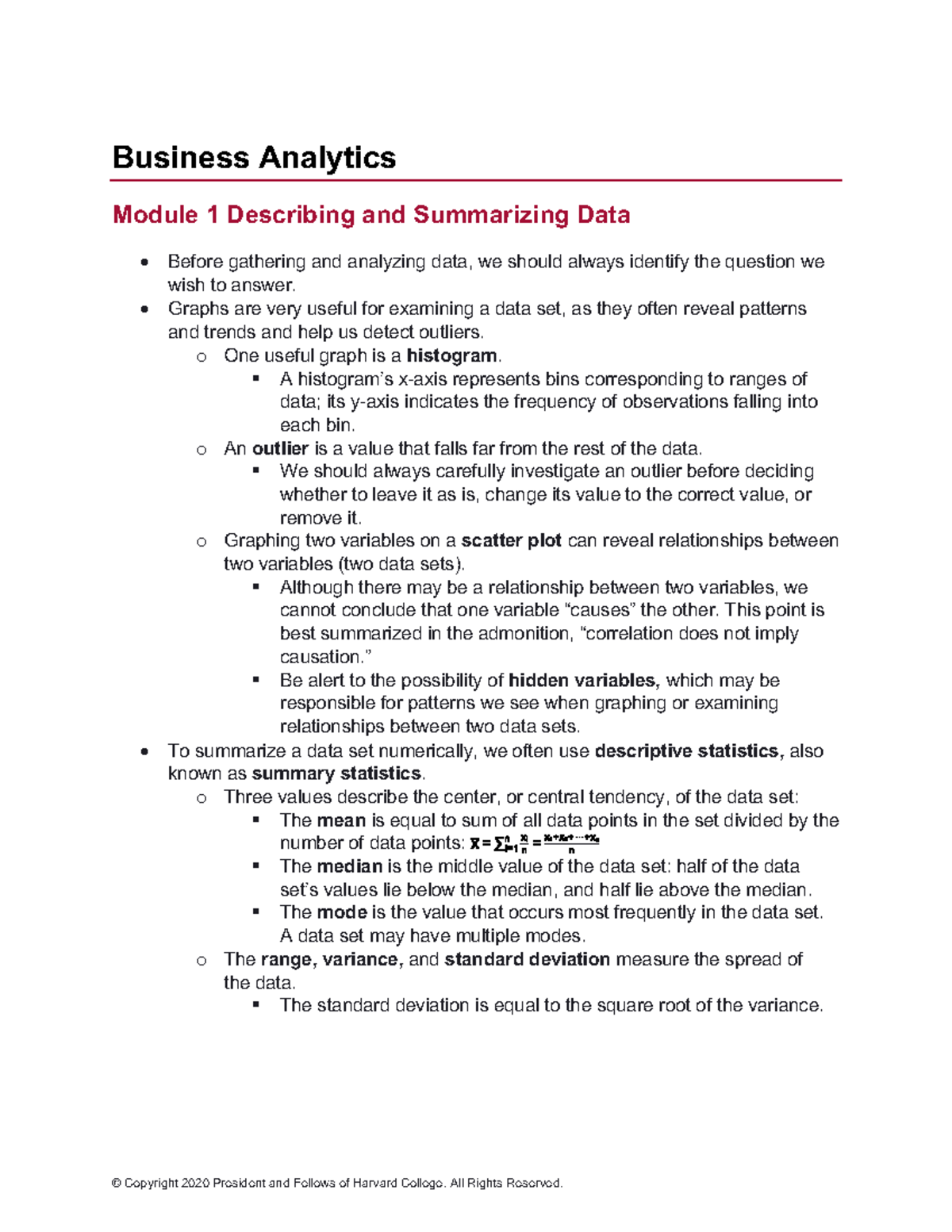 Business Analytics Module 1 Summary - © Copyright 2020 President and ...