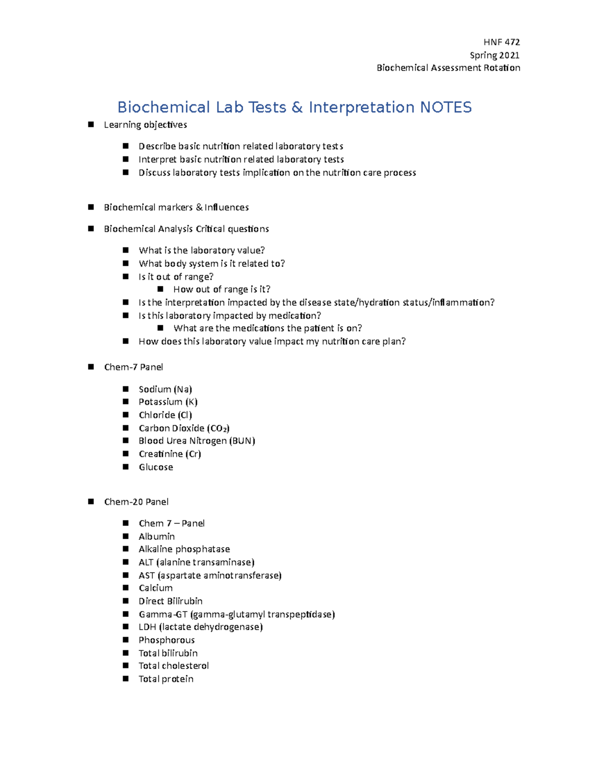 Biochemical Lab Test and Interpretation Notes HNF 472 Spring 2021
