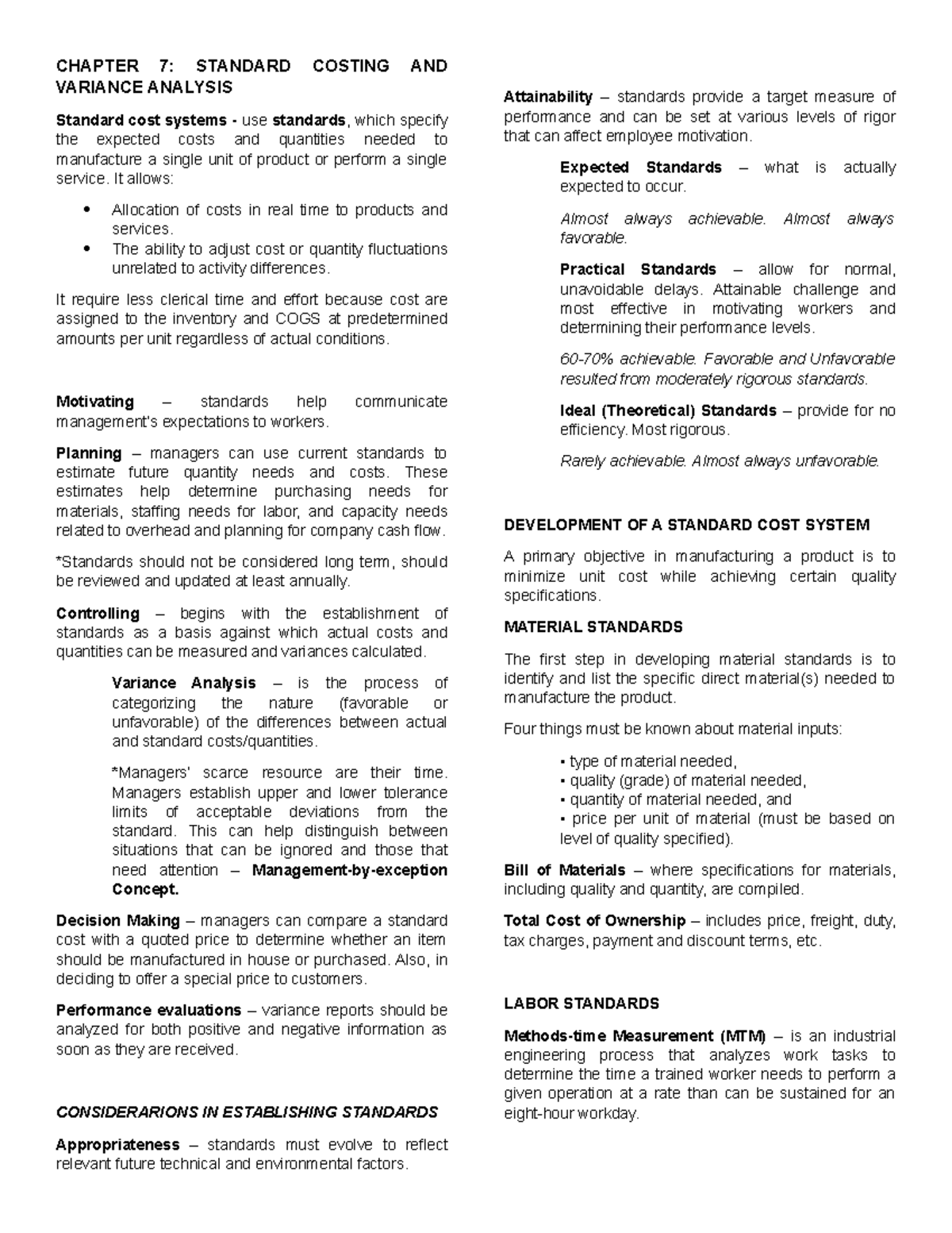 Cosacc Chapter 7 notes - CHAPTER 7: STANDARD COSTING AND VARIANCE ...