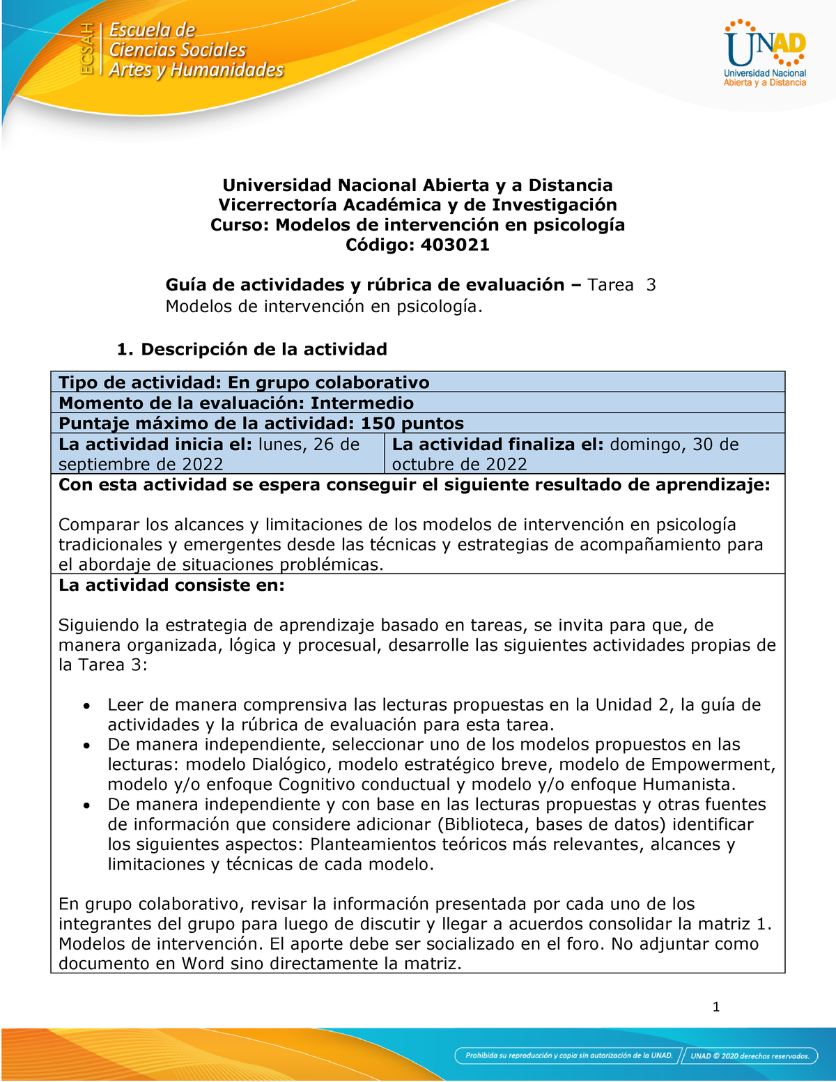 Guía de actividades y rúbrica de evaluación - Unidad 2 - Tarea 3 - Modelos  de intervención en - Studocu