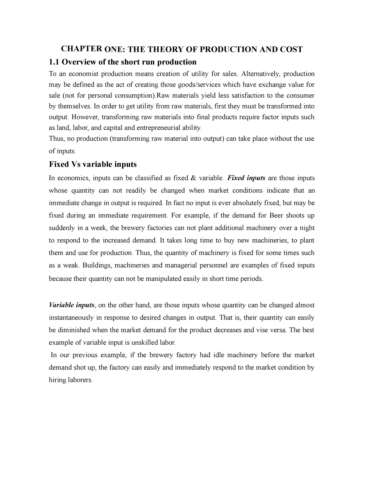 Microeconomics Chapter 1 - CHAPTER ONE: THE THEORY OF PRODUCTION AND ...