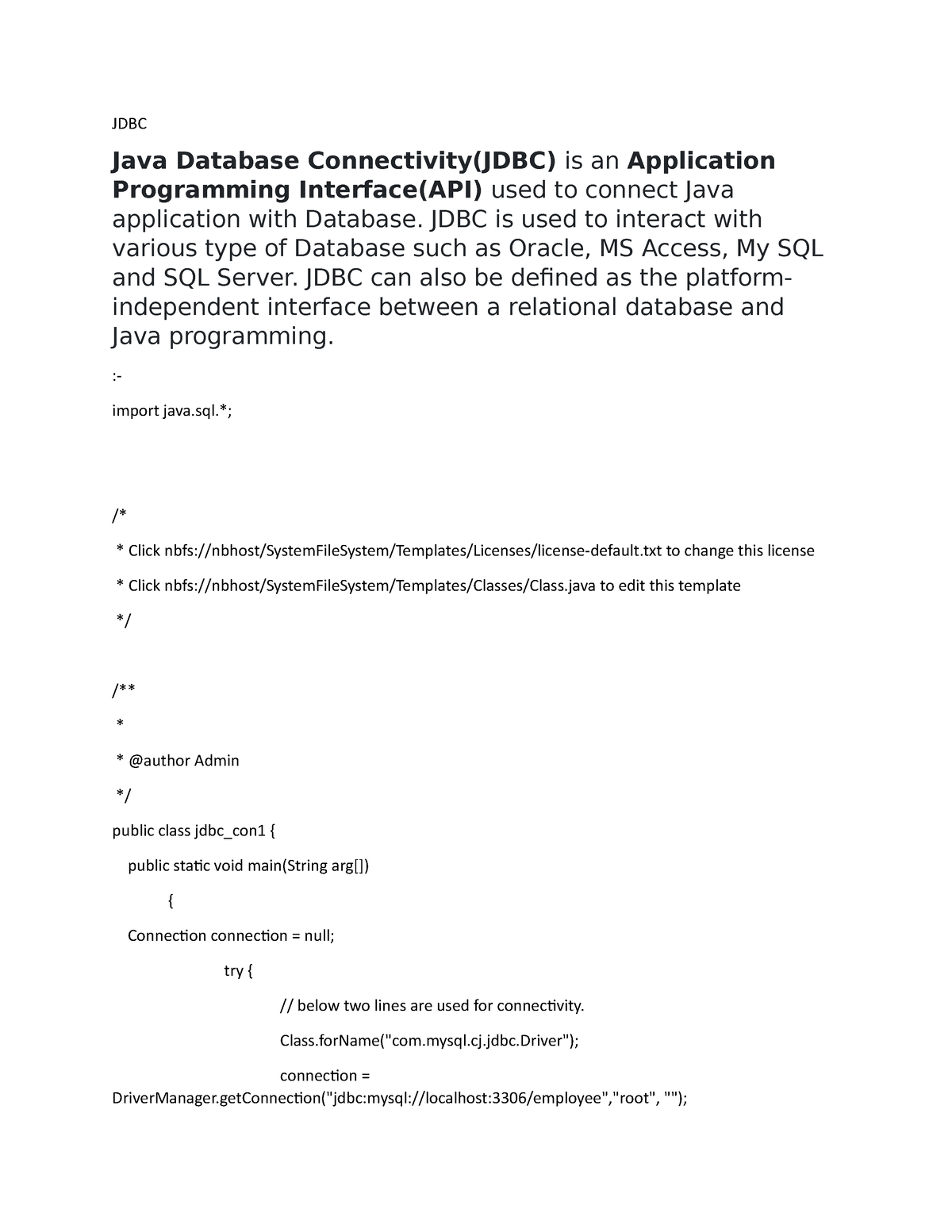Chapter 12 JDBC JDBC Java Database Connectivity(JDBC) is an