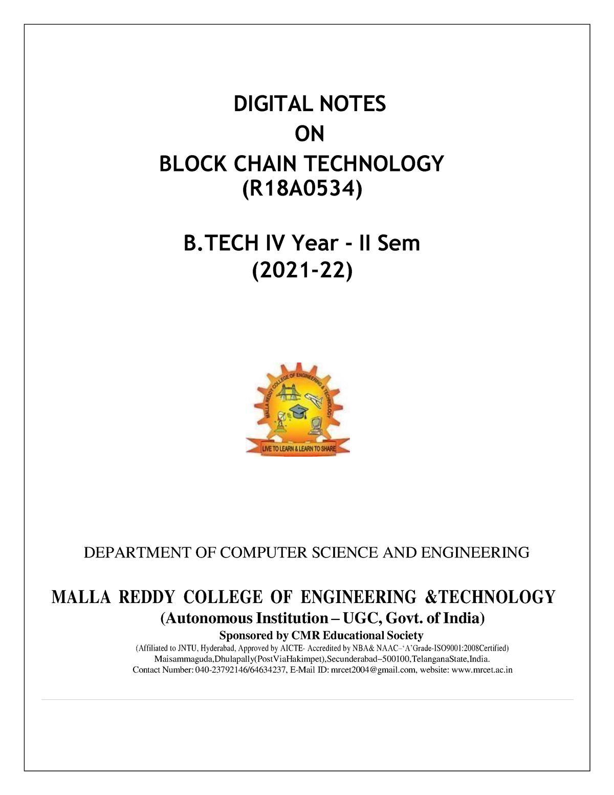 CSE B.TECH IV YEAR II SEM BCT (R18A0534) Notes Final PDF - DIGITAL ...