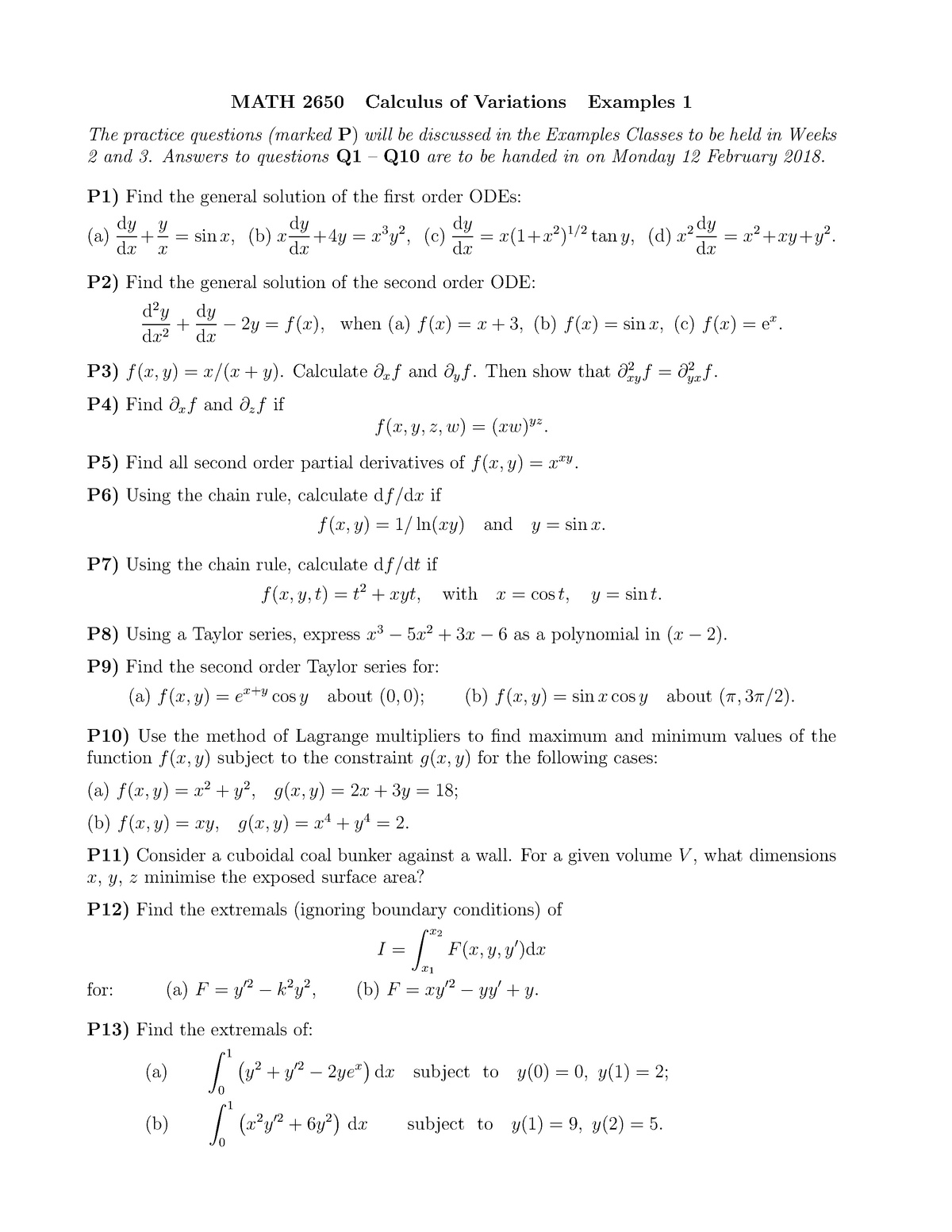 Examples 1 Math 2650 Calculus Of Variations Examples 1 The Practice Questions Marked P Will Be Studocu