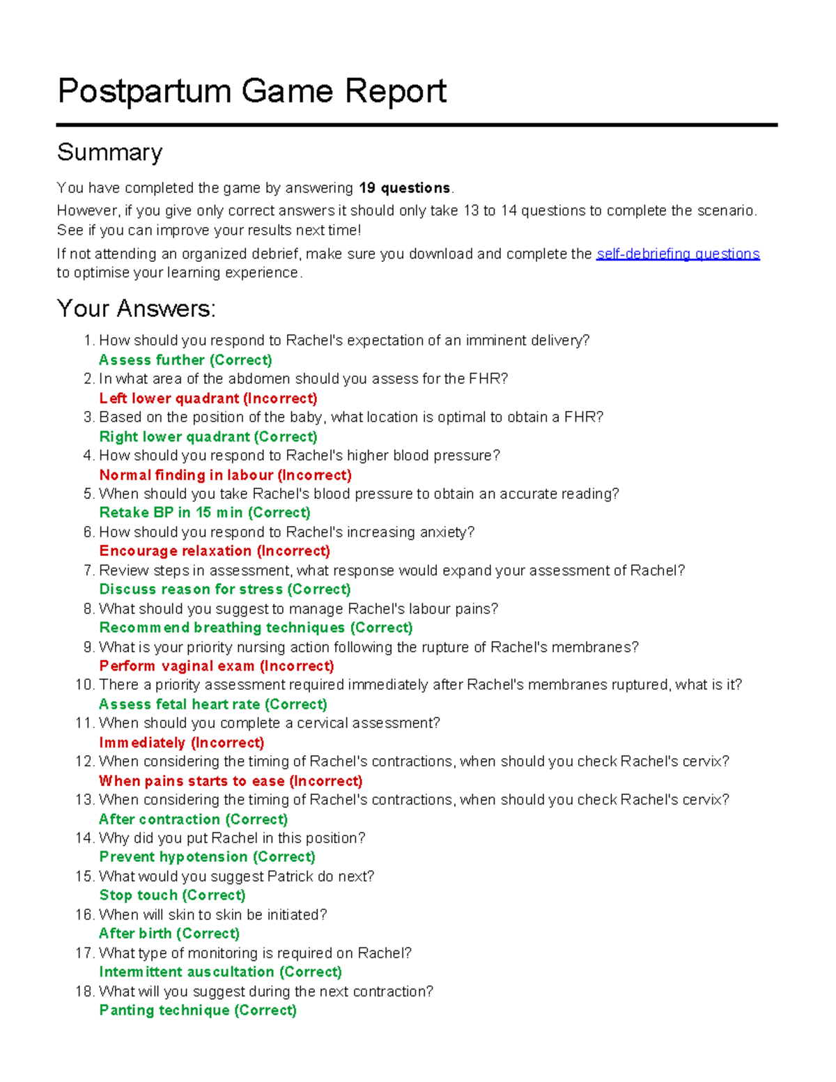 Labour and delivery game report - Postpartum Game Report Summary You ...