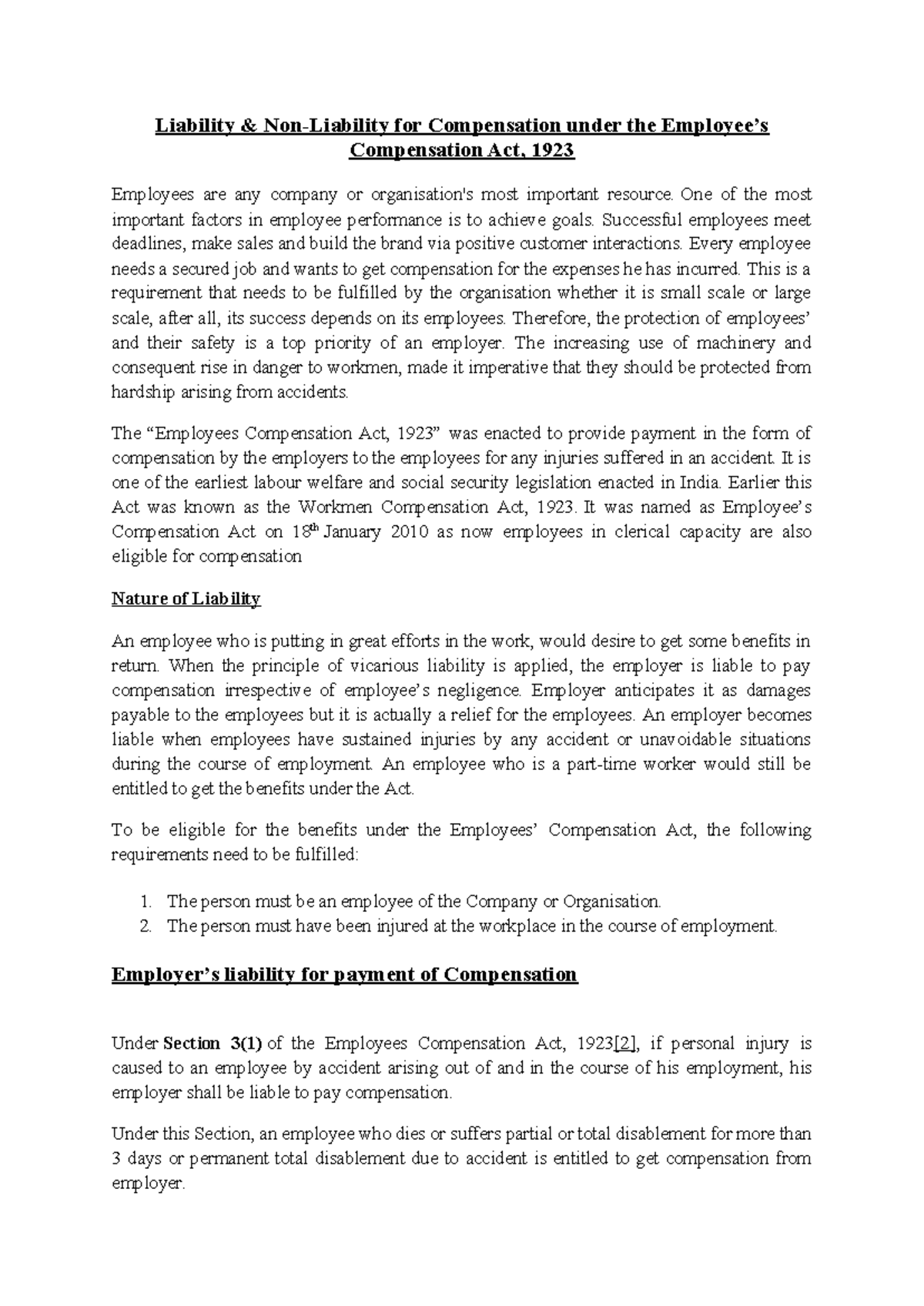 Labour law - Liability & Non-Liability for Compensation under the ...