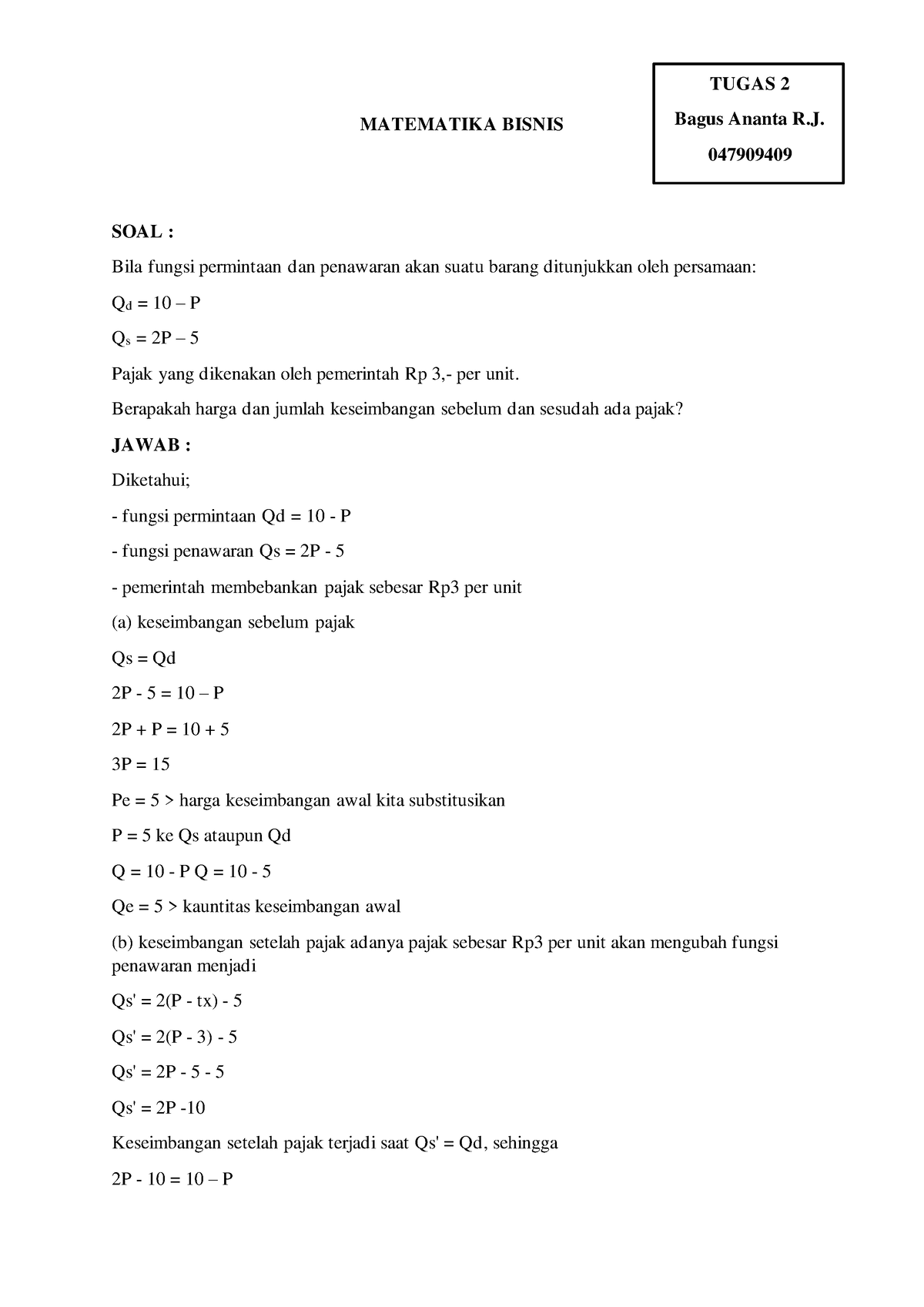 Tugas 2 Matematika Bisnis - MATEMATIKA BISNIS SOAL : Bila Fungsi ...