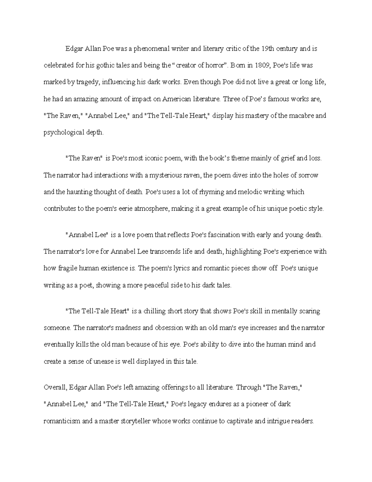 Edgar Allen Poe Essay - Edgar Allan Poe was a phenomenal writer and ...