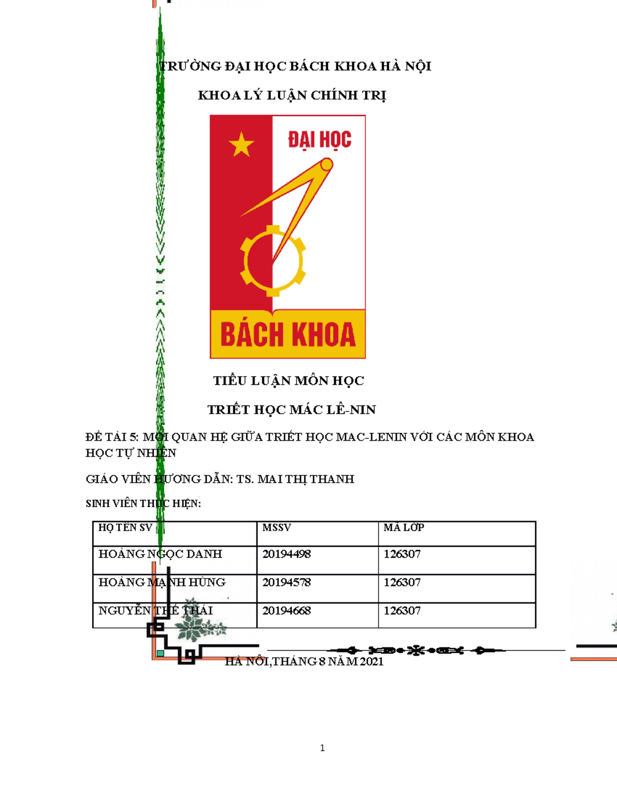 Tiểu luận mối quan hệ giữ triết và khtn 1 - TRƯỜNG ĐẠI HỌC BÁCH KHOA HÀ NỘI KHOA LÝ LUẬN CHÍNH TRỊ - Studocu
