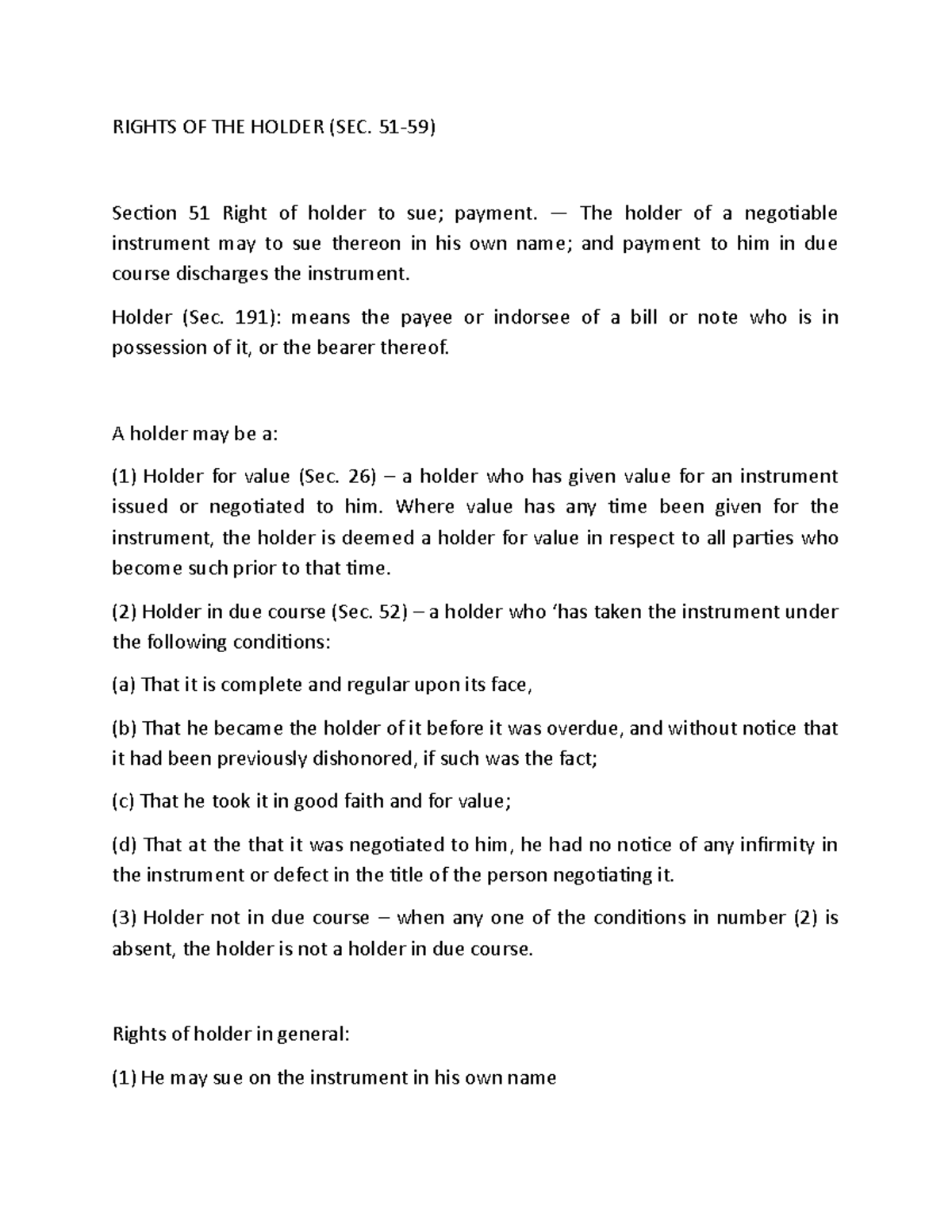 Rights OF THE Holder (SEC. 5159) RIGHTS OF THE HOLDER (SEC. 5159