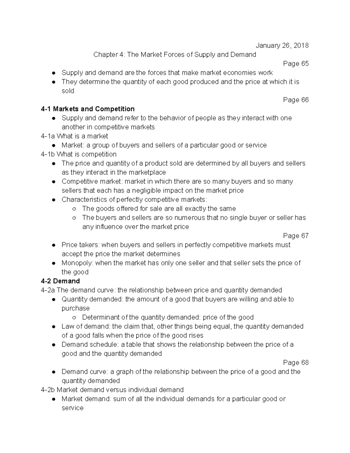 Chapter 4 Notes - January 26, 2018 Chapter 4: The Market Forces of ...