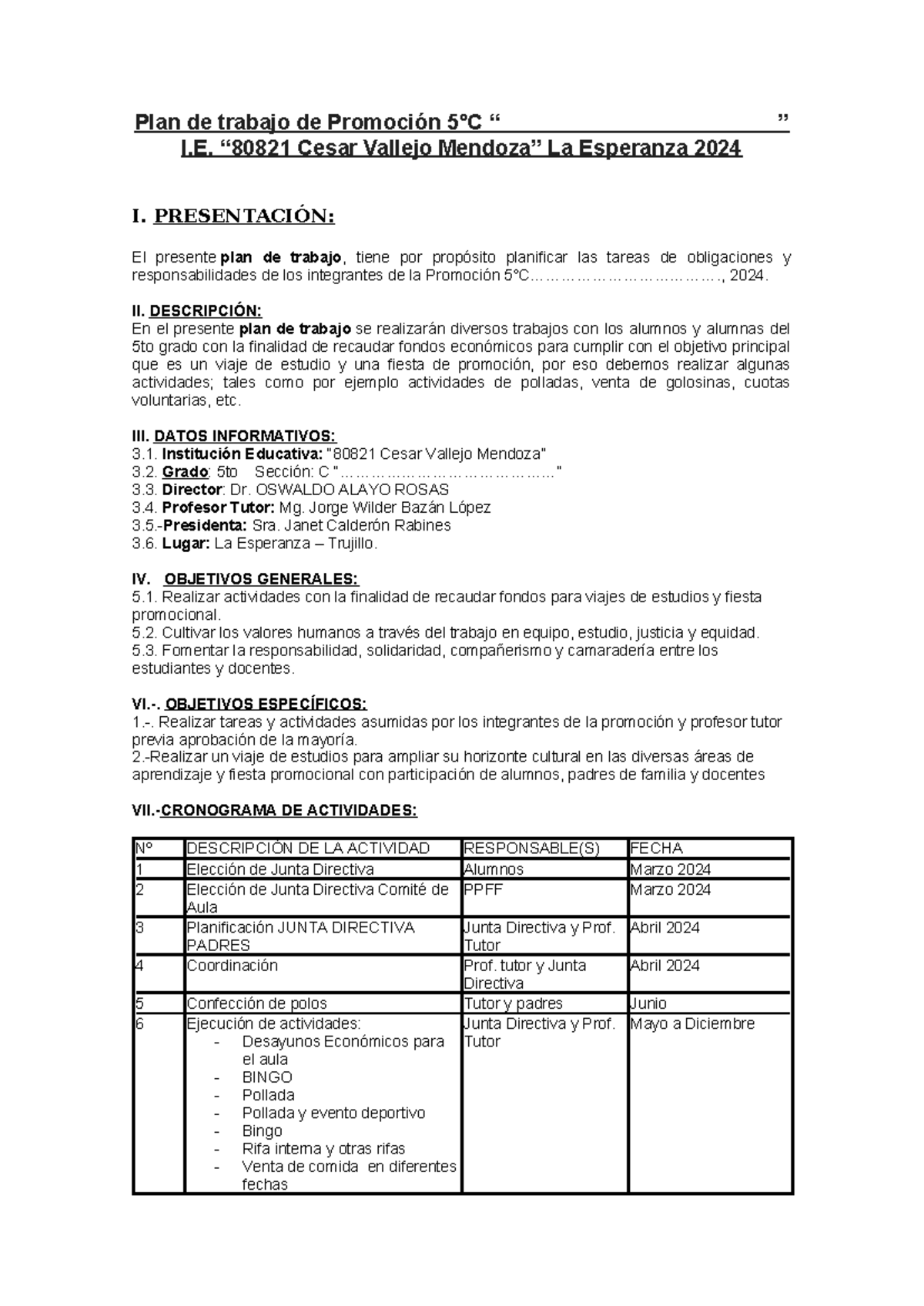 Plan de trabajo de Promoción 5°C 2024 Plan de trabajo de Promoción