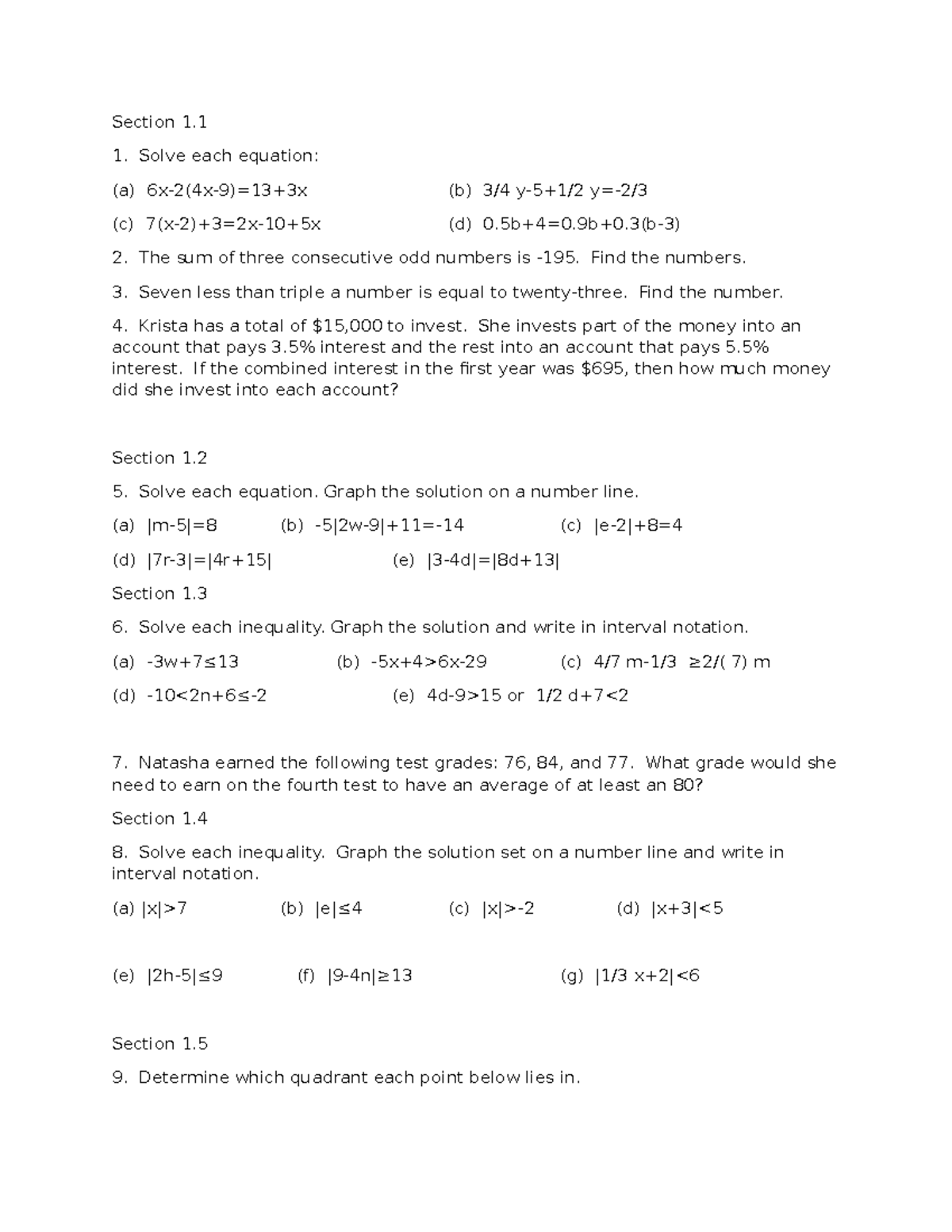 Section 1 math - Practice material - Section 1. Solve each equation: (a ...