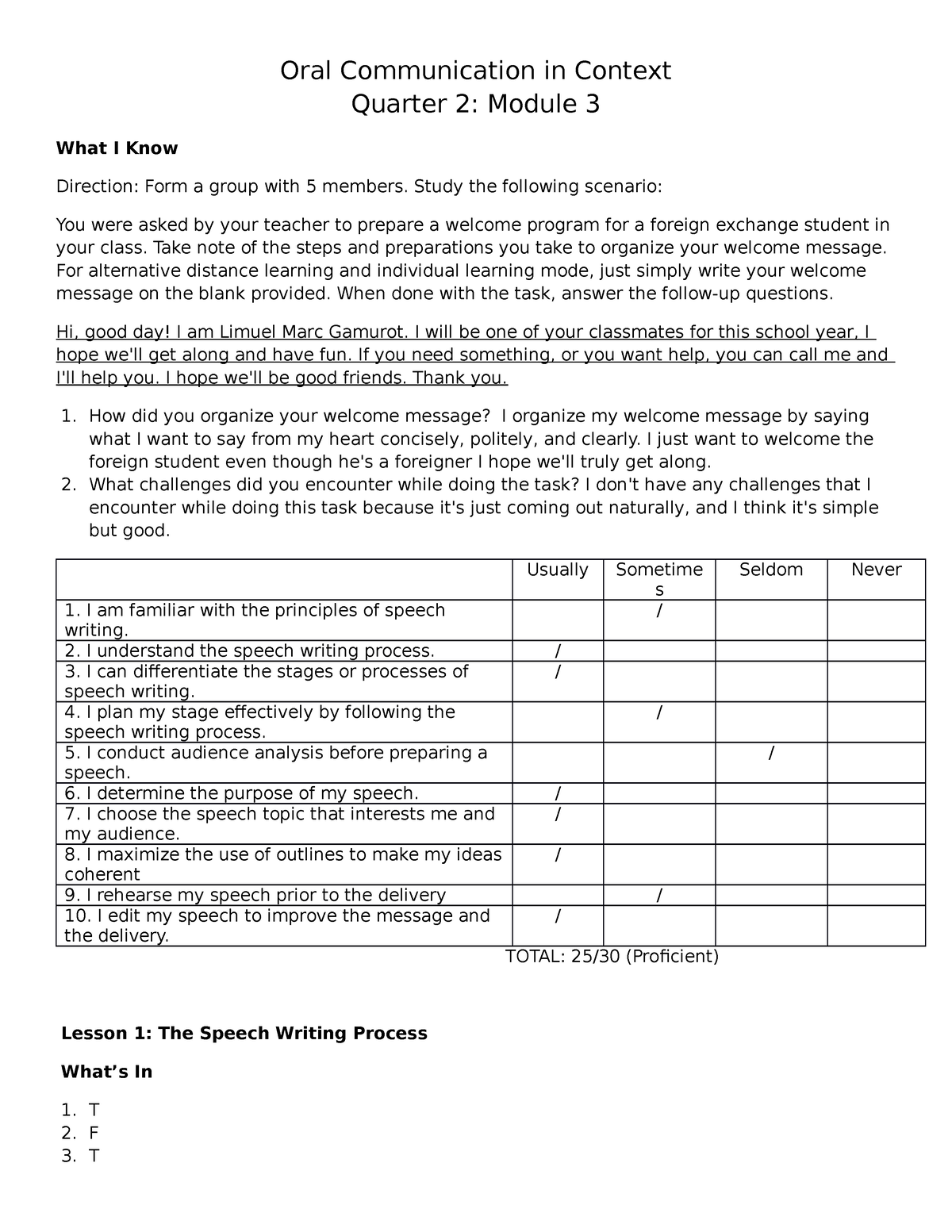 university life group oral presentation reading answers