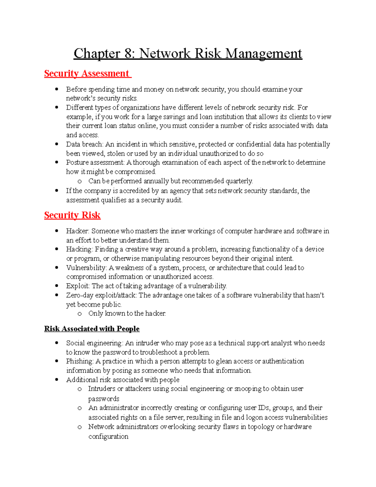 Chapter 8 - Lecture notes 8 - Chapter 8: Network Risk Management ...