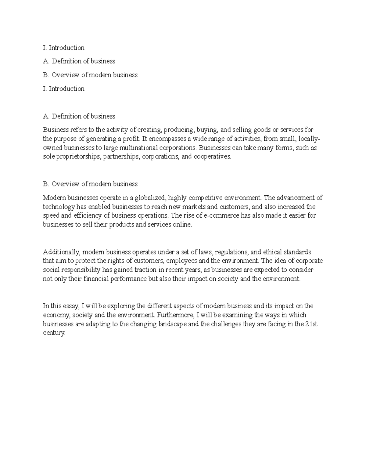 Approval of Business 1 I. Introduction A. Definition of business B. Overview of modern