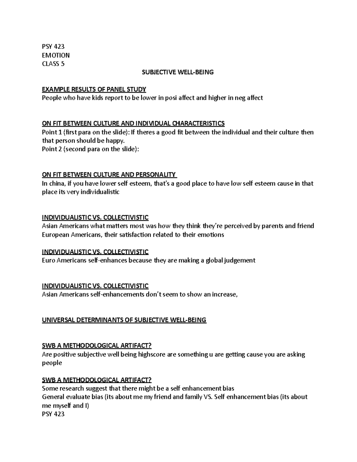 423 Class 5 copy PSY 423 EMOTION CLASS 5 SUBJECTIVE WELLBEING