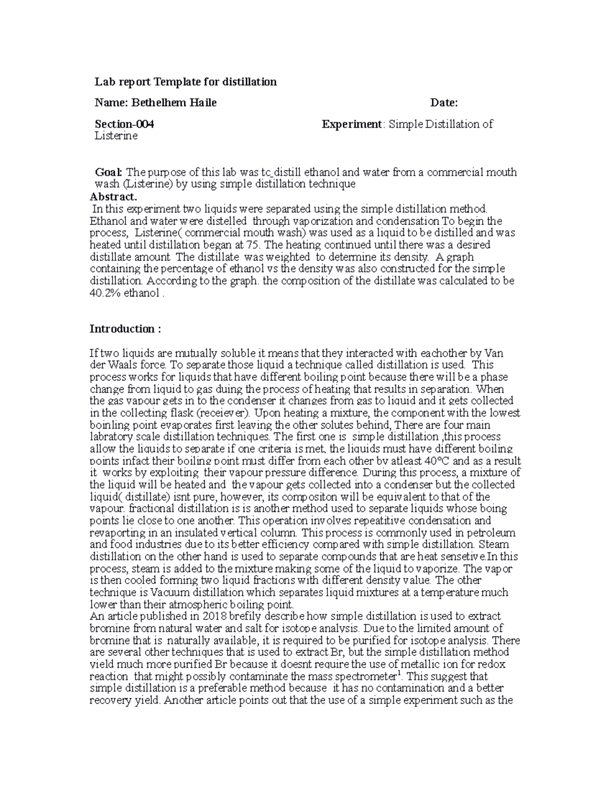 Haile. simple distillation lab report MTSU Lab report Template for