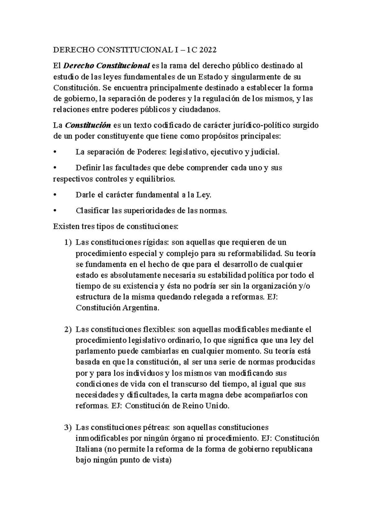 Constitucional I- Resumen Final - DERECHO CONSTITUCIONAL I – 1C 2022 El ...