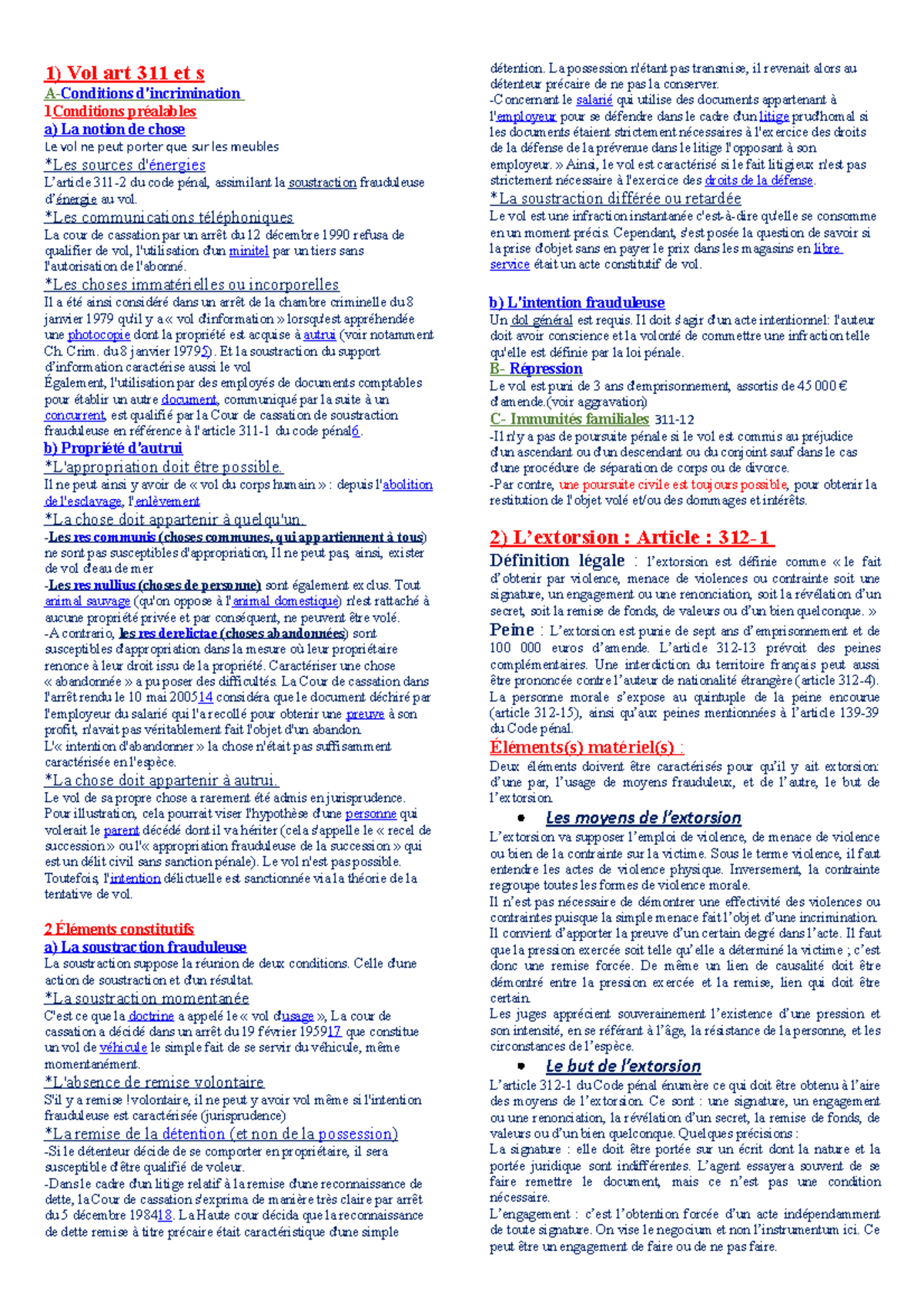 Résumé droit pénal des affaires 1) Vol art 311 et s 1Conditions a) La notion de chose Le vol