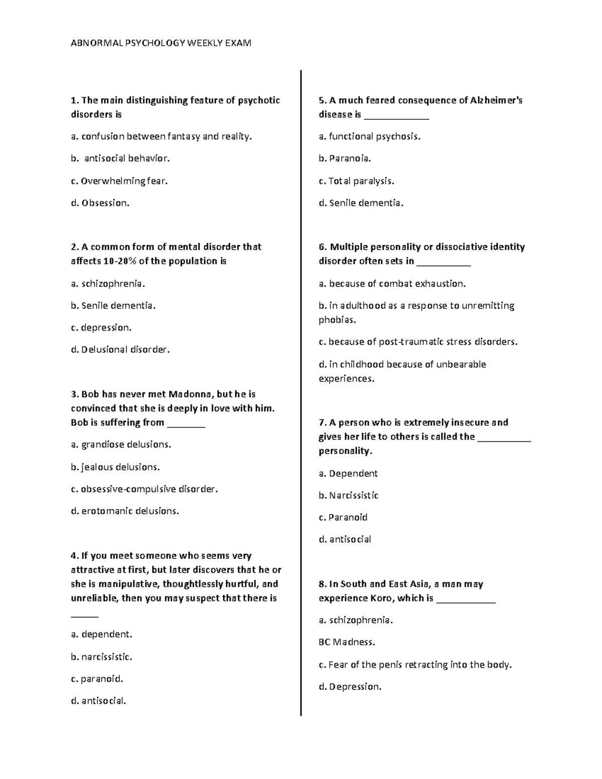 Exam 1 In Abnormal Psychology - ABNORMAL PSYCHOLOGY WEEKLY EXAM 1. The ...