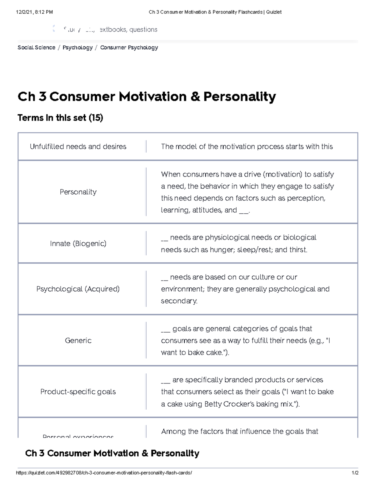 Ch 3 Consumer Motivation & Personality Flashcards Quizlet - 12/2/21, 8 ...