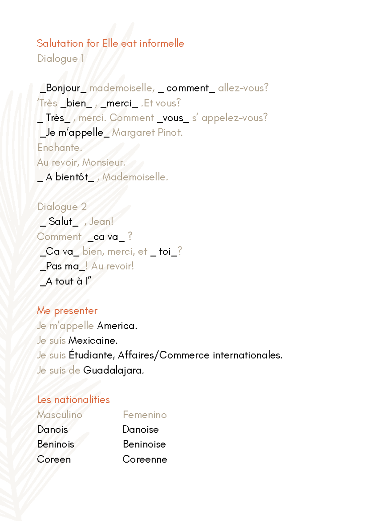 Activité 1 Salutations (021024) - Salutation for Elle eat informelle ...