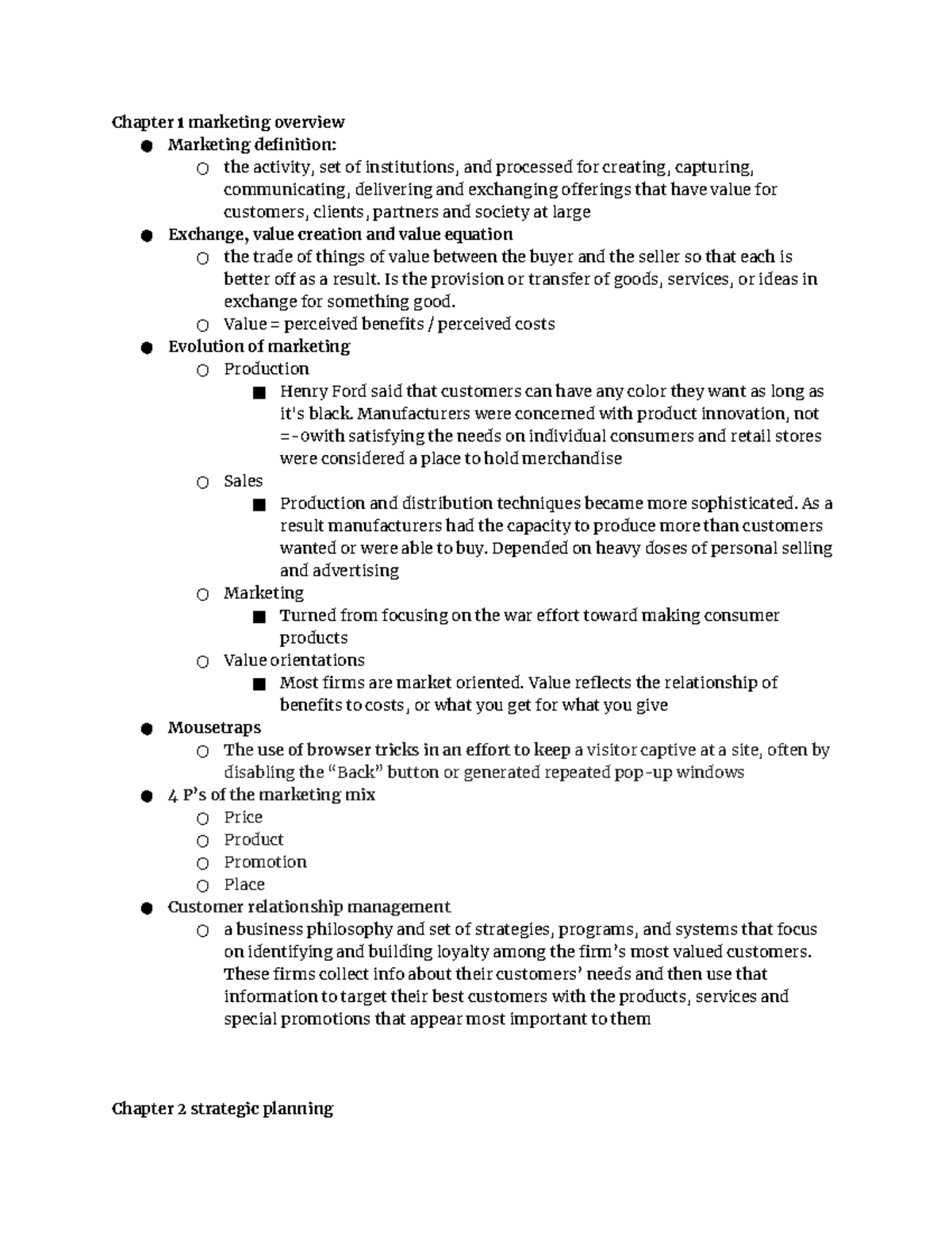 Exam 1 Study Guide - Nancy A - Chapter 1 Marketing Overview Marketing 