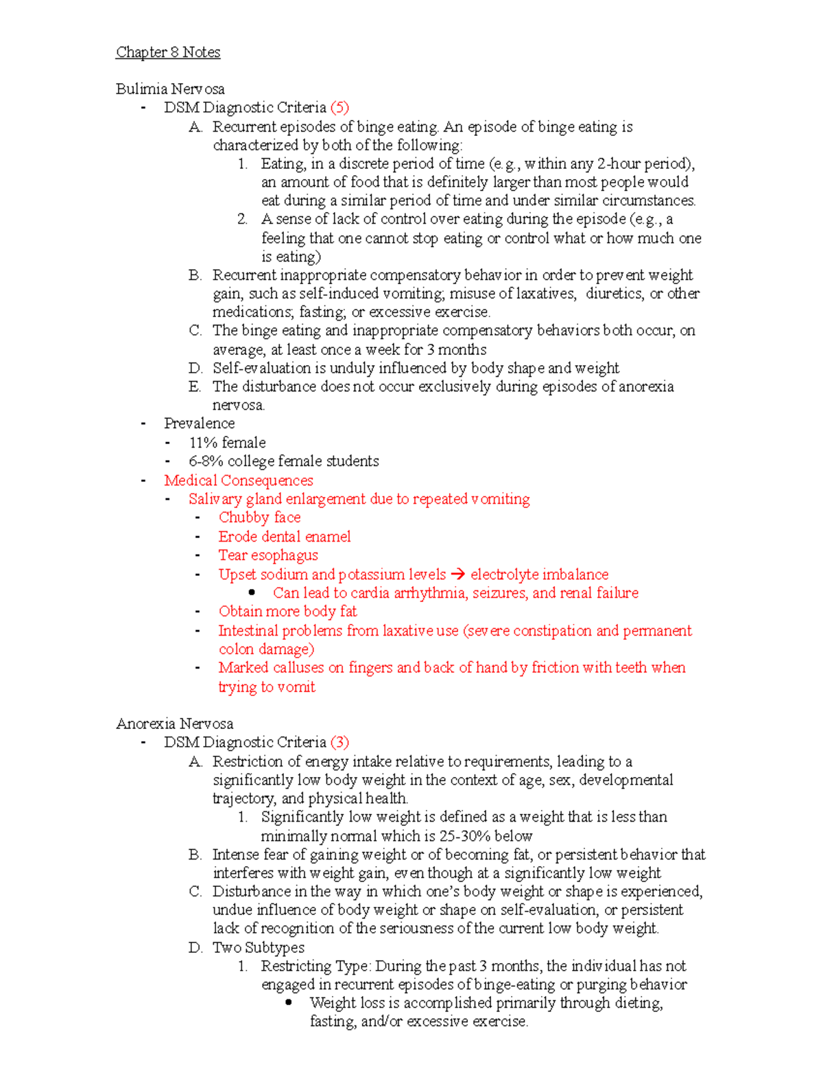 Psychopathology Exam Iii - Chapter 8 Notes Bulimia Nervosa - Dsm 