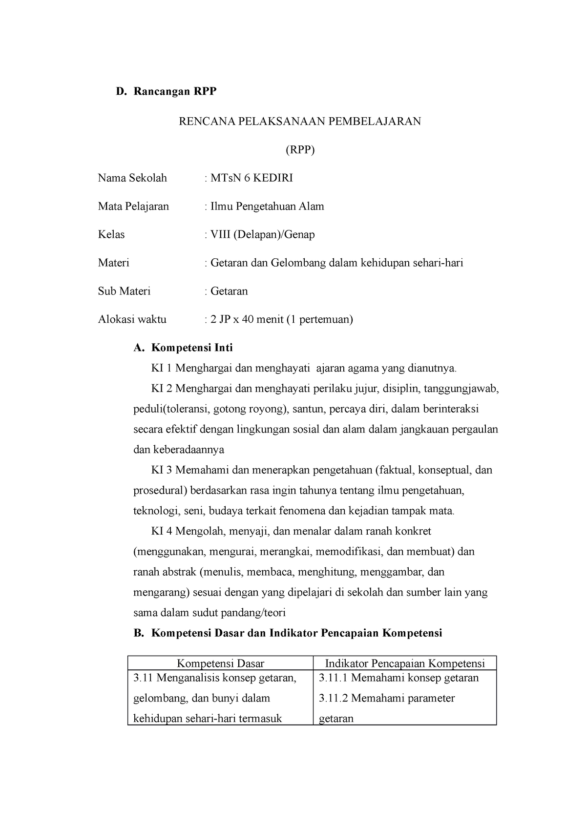 Rencana Pelaksanaan Pembelajaran - D. Rancangan RPP RENCANA PELAKSANAAN ...