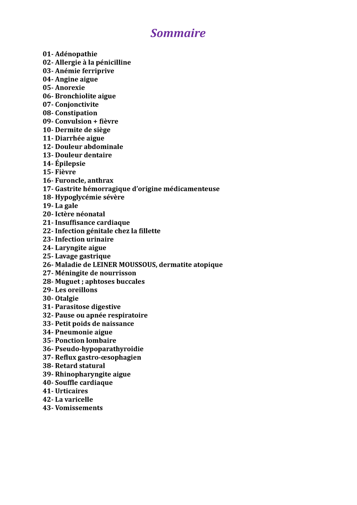 Cat Pediatrie Sommaire 01 Adenopathie 02 Allergie A La Penicilline 03 Anemie Ferriprive 04 Studocu