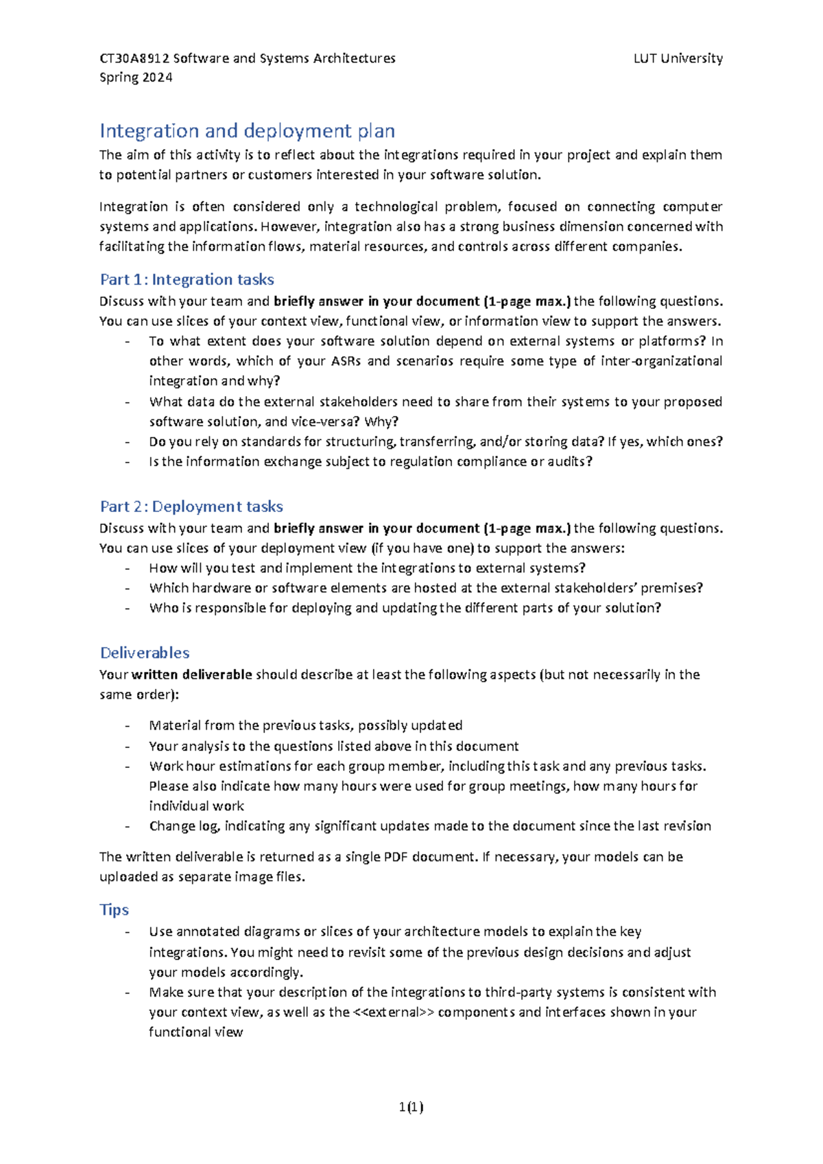 7 - Integration and deployment plan - CT30A8912 Software and Systems ...