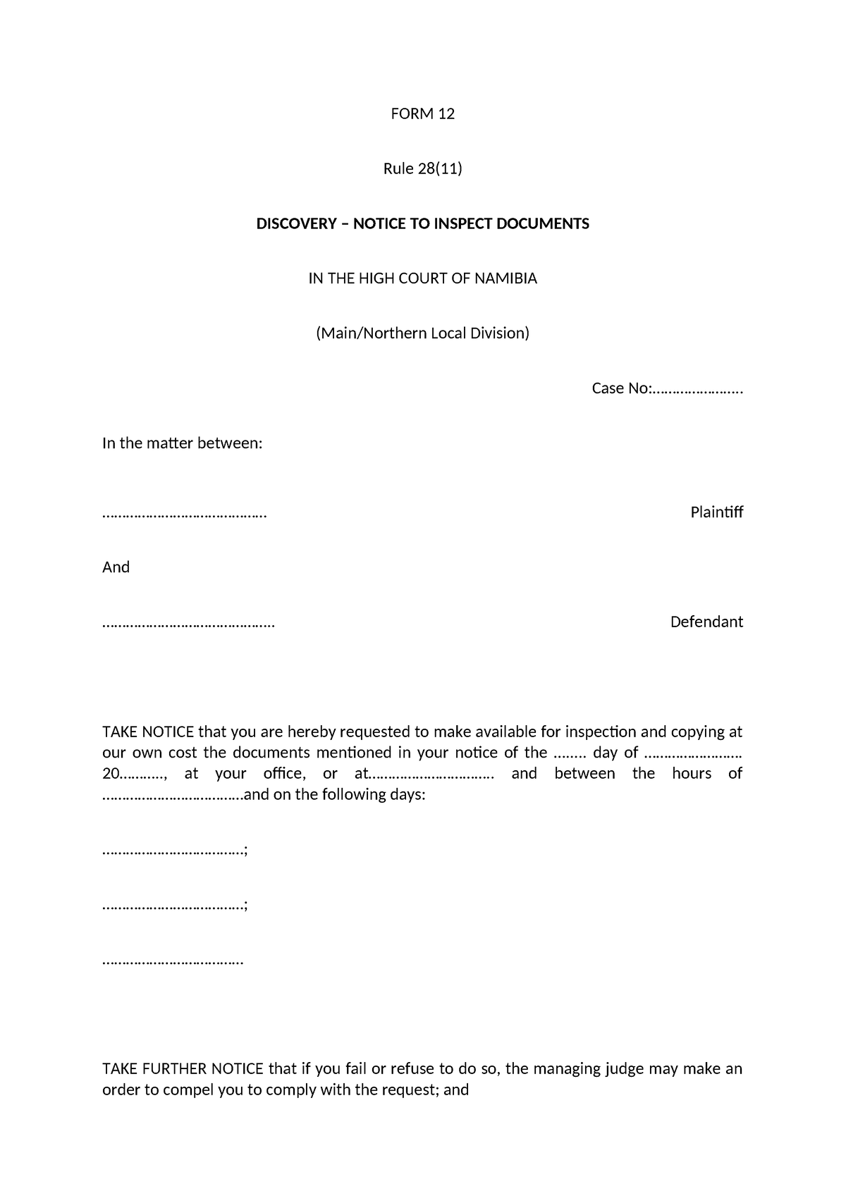 Form 12 - Discovery Notice to Inspect Documents - FORM 12 Rule 28(11 ...