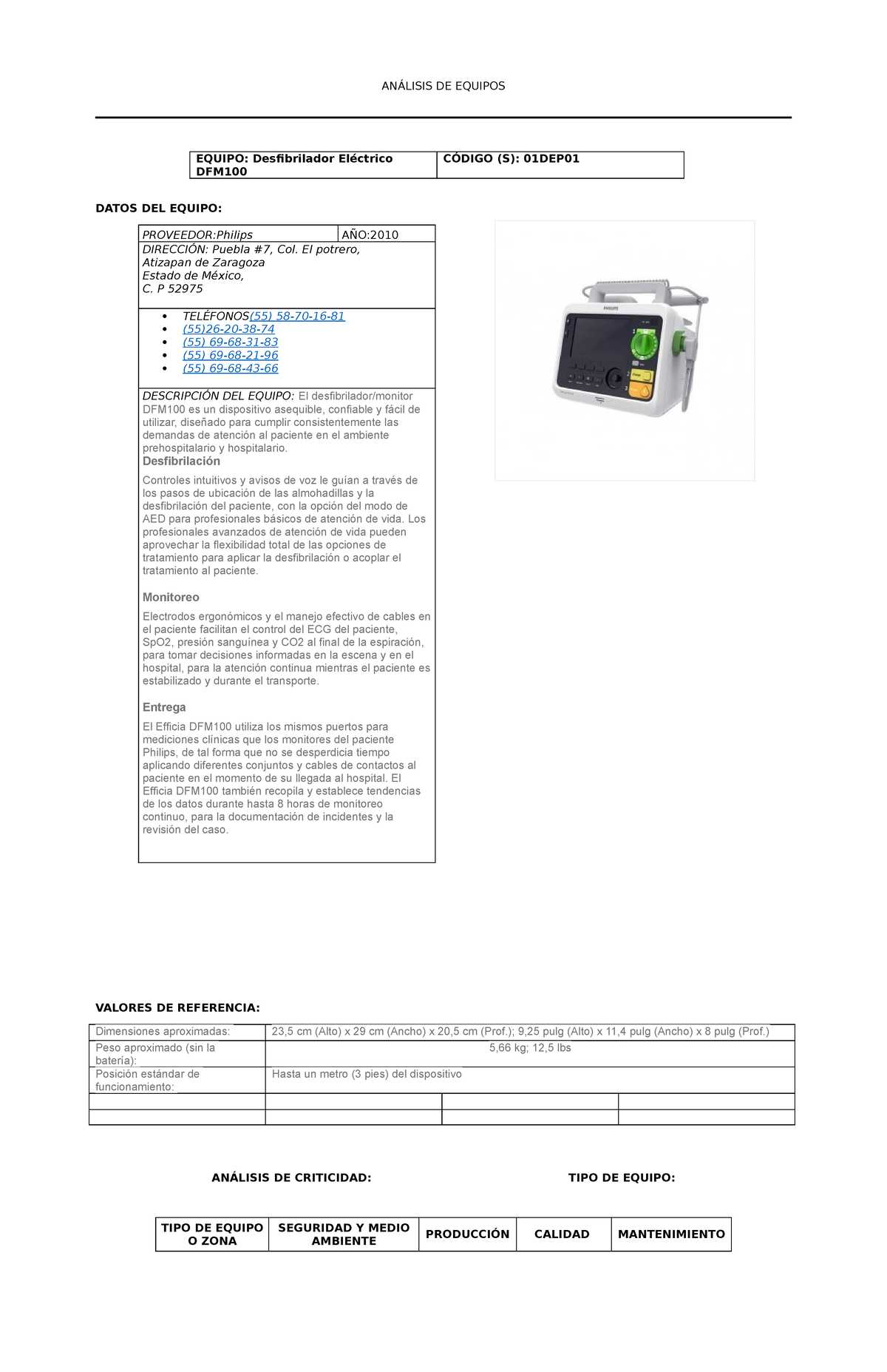 Desfibrilador Philips An Lisis De Equipos Equipo Desfibrilador El Ctrico Dfm C Digo S