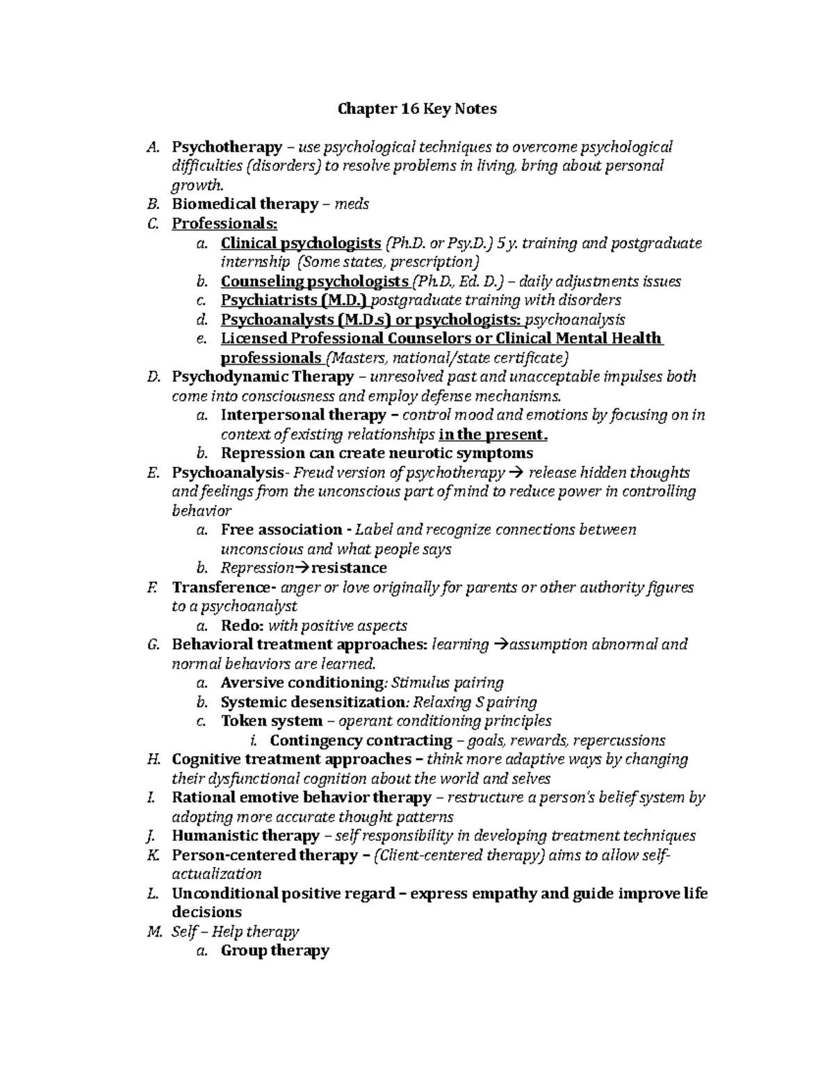Chapter 16 Key Notes - This talks about therapy and drugs - Chapter 16 ...