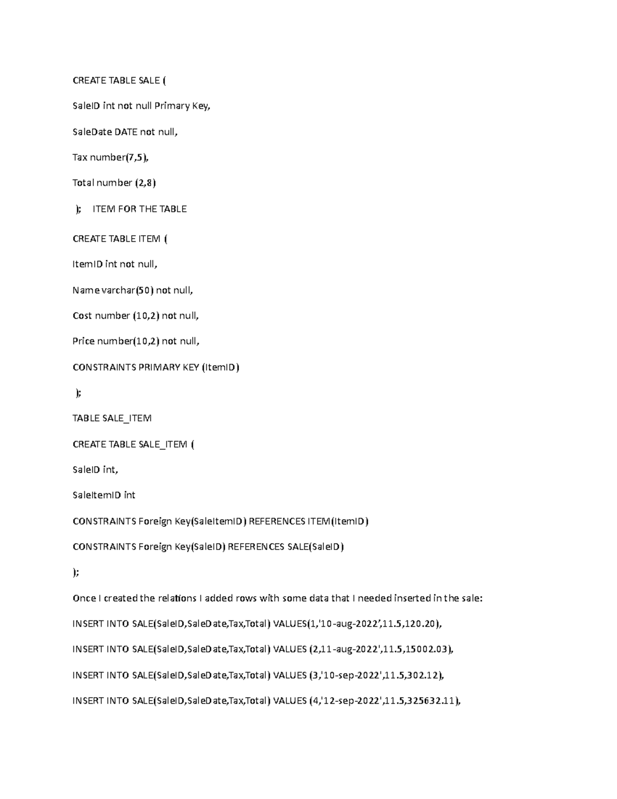 CS2203 Discussion Forum Unit 5 - CREATE TABLE SALE ( SaleID int not ...