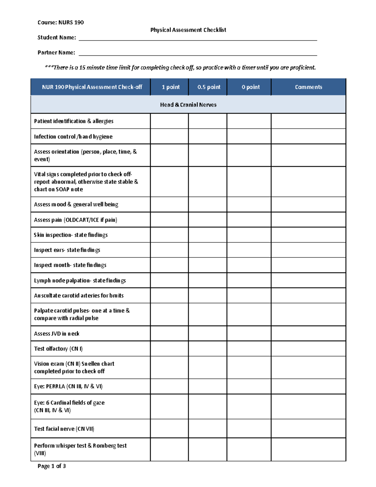 NURS 190 Physical Assessment Checklist - Studocu