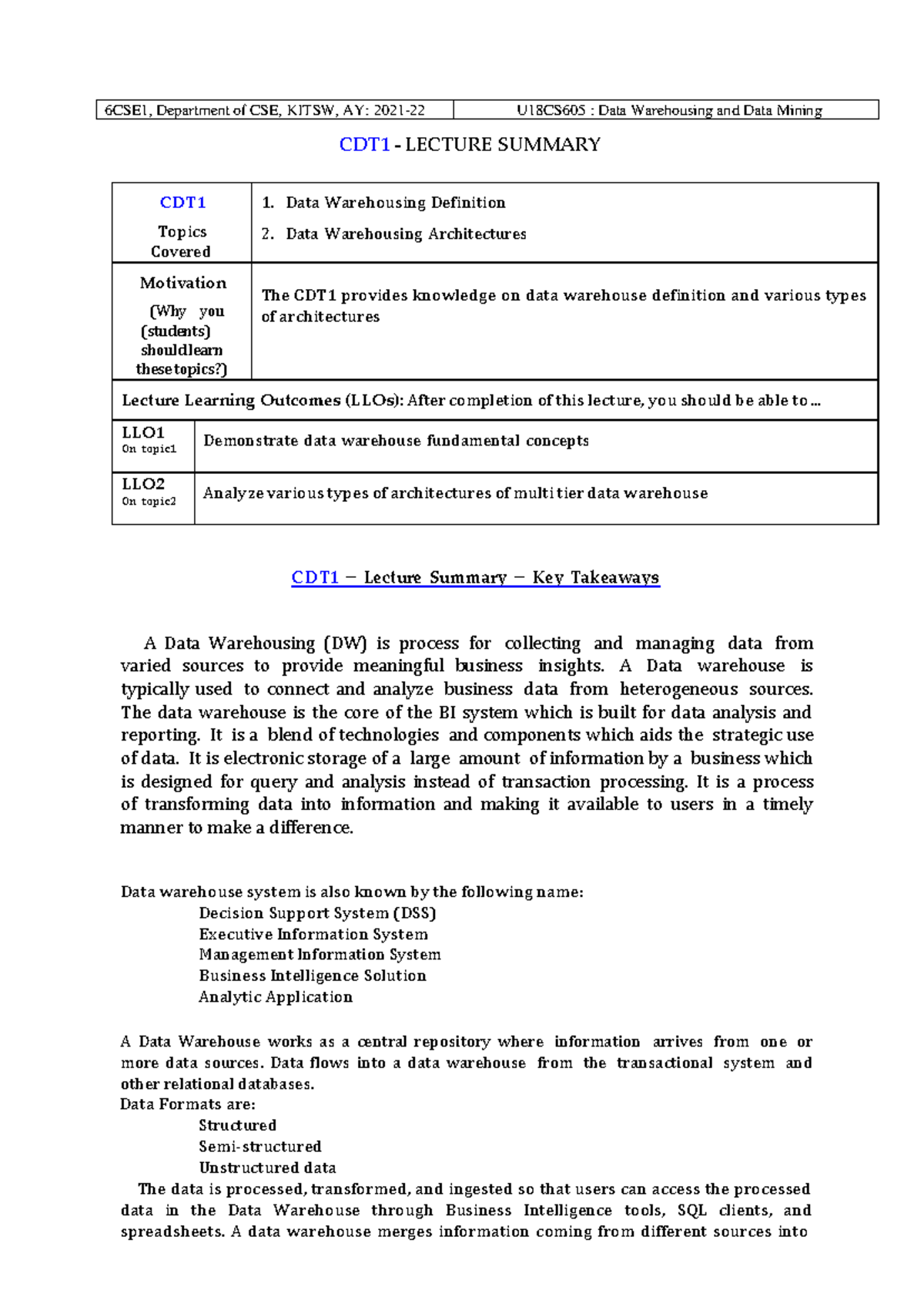 DWDM CDT1 LECTURE SUMMARY CDT1 LECTURE SUMMARY CDT Topics Covered Data Warehousing