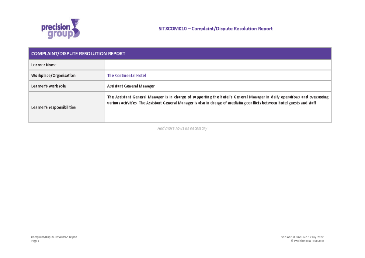 Customer Dispute Report 1 - SITXCOM010 – Complaint/Dispute Resolution ...